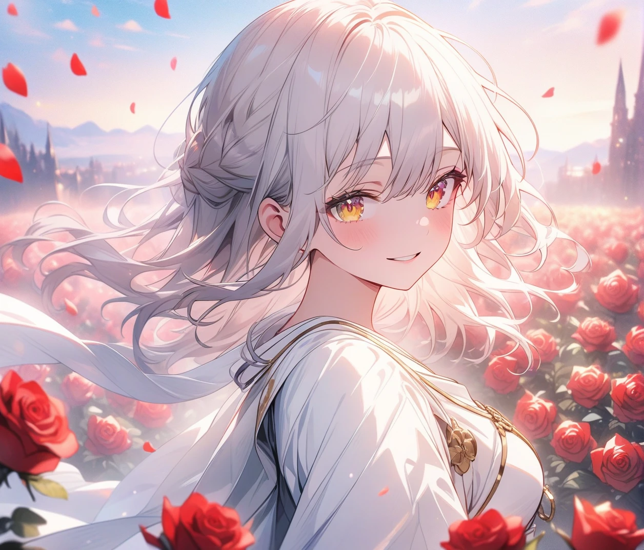 Vista, Panorama, Perspective, Depth of Field, Bust, Upper Body, Cinematic Angle, Masterpiece, Best Quality, Ultra Detailed, CG, 8K Wallpaper, Beautiful Face, Delicate Eyes, A Maiden, Solo, Smile, Silver Hair, Golden Eyes, Fair Skin, Hair Strands, Red Scarf, White Evening Dress, Rose Field, Red Flowers, Roses, Flower Field, Petals, Flying Petals, Smiling