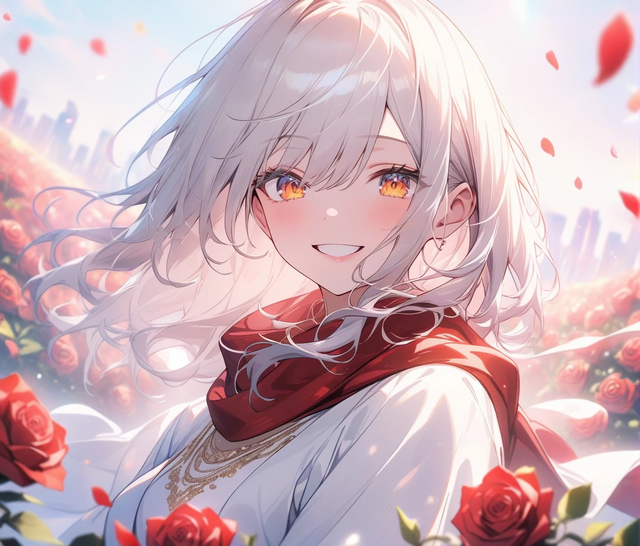 Vista, Panorama, Perspective, Depth of Field, Bust, Upper Body, Cinematic Angle, Masterpiece, Best Quality, Ultra Detailed, CG, 8K Wallpaper, Beautiful Face, Delicate Eyes, A Maiden, Solo, Smile, Silver Hair, Golden Eyes, Fair Skin, Hair Strands, Red Scarf, White Evening Dress, Rose Field, Red Flowers, Roses, Flower Field, Petals, Flying Petals, Smiling