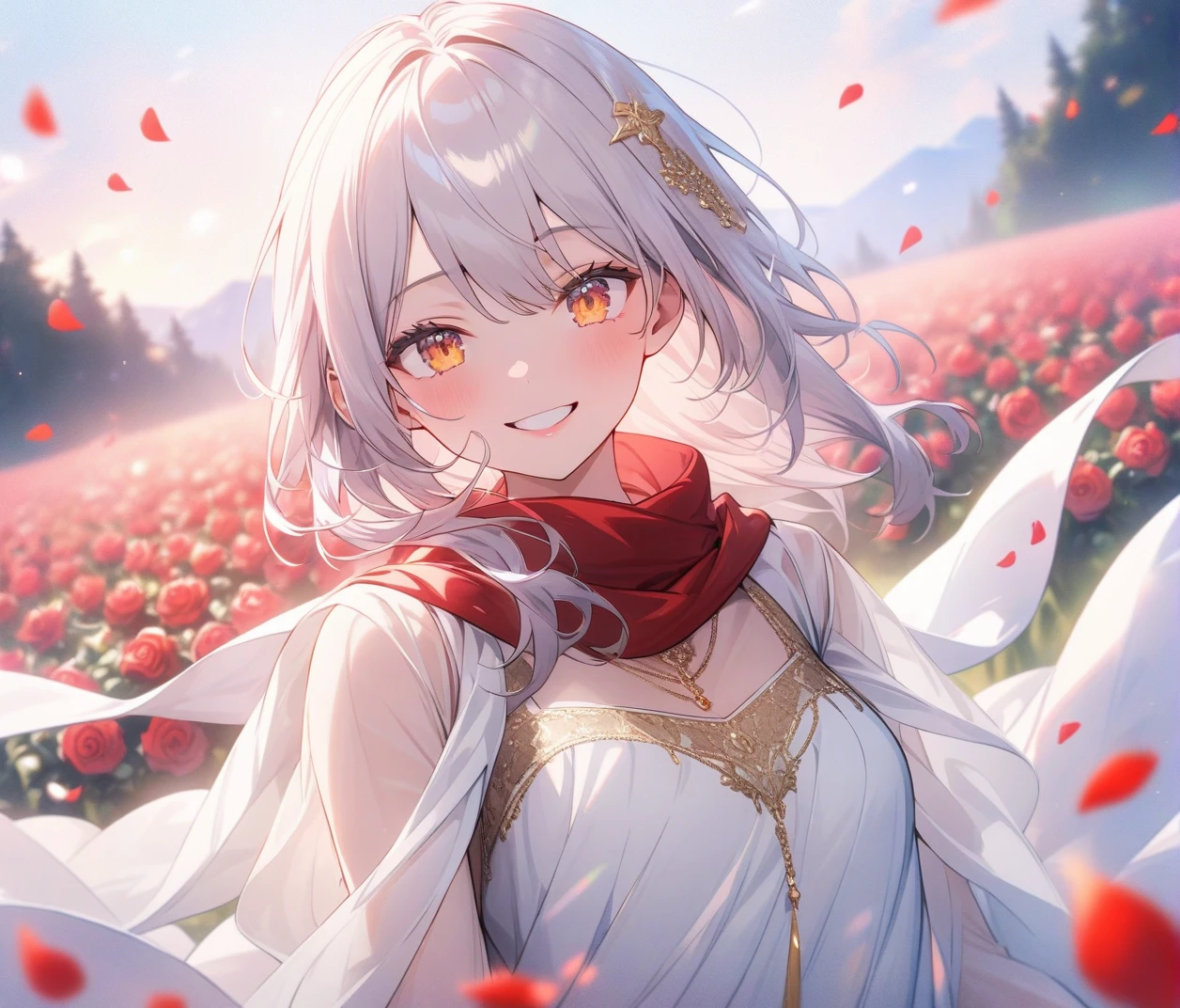 Vista, Panorama, Perspective, Depth of Field, Bust, Upper Body, Cinematic Angle, Masterpiece, Best Quality, Ultra Detailed, CG, 8K Wallpaper, Beautiful Face, Delicate Eyes, A Maiden, Solo, Smile, Silver Hair, Golden Eyes, Fair Skin, Hair Strands, Red Scarf, White Evening Dress, Rose Field, Red Flowers, Roses, Flower Field, Petals, Flying Petals, Smiling