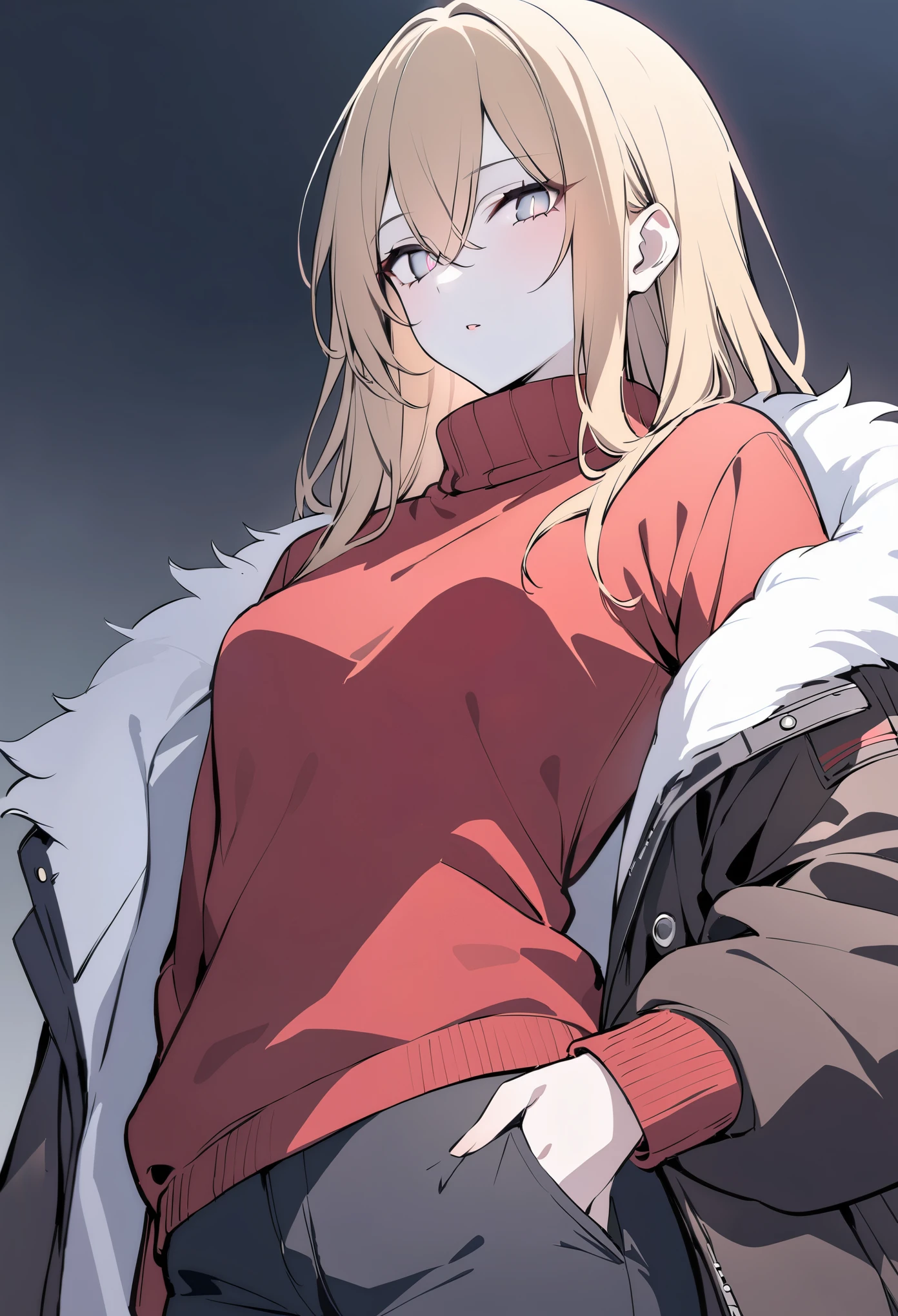 detailed, (masterpiece:1.2), (pale_skin:1.2), (solo:1.2), (female), slender, (glowing_eyes), long hair, bangs, blonde hair, long sleeves, hair between eyes, jacket, upper body, parted lips, open clothes, sweater, open jacket, coat, grey eyes, fur trim, turtleneck, fur collar, hand in pocket, open coat, turtleneck sweater, fur-trimmed jacket, red sweater