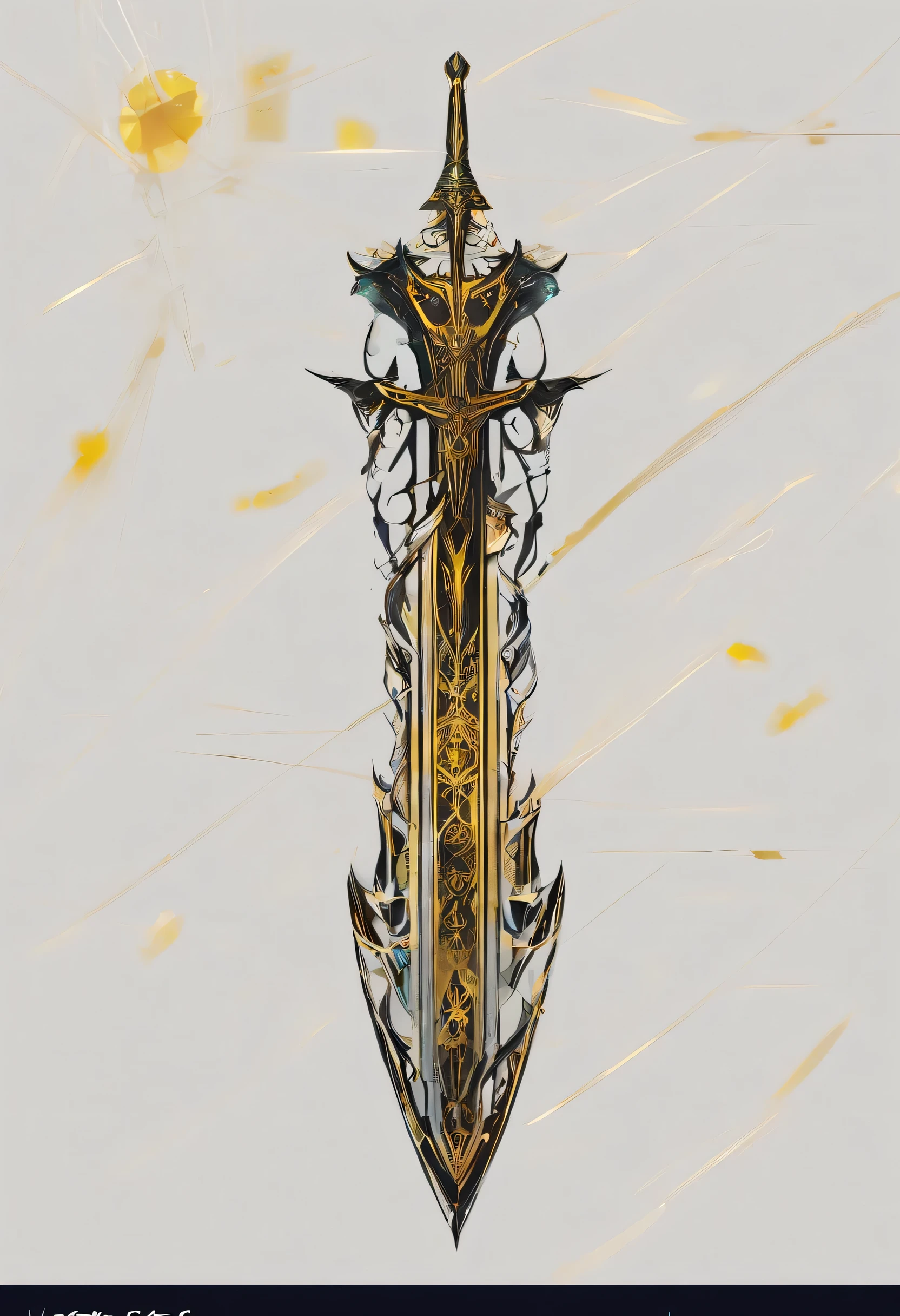 There is a spear，There are yellow and black patterns on it, glowing soul blade, Glowing Barracuda, Parker blade style, raytraced blade, sword, Shiny Parker, Intricate fantasy spear, war blade weapons, medieval spear, magical pike, realistic pike，Cosmic Galaxy