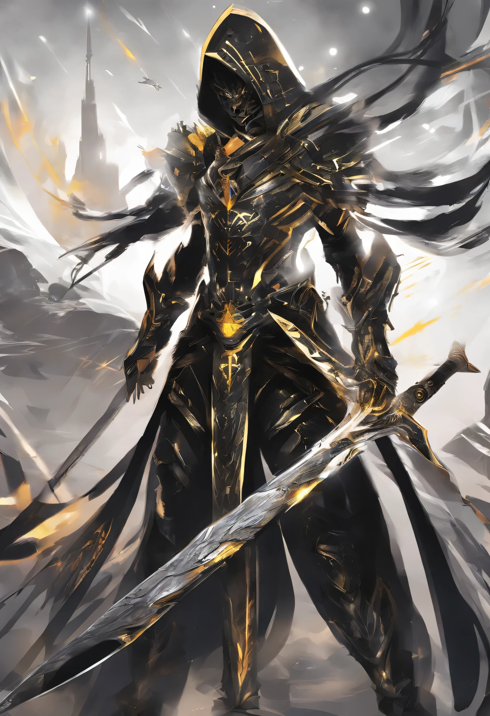 There is a spear,There are yellow and black patterns on it, glowing soul blade, Glowing Barracuda, Parker blade style, raytraced blade, sword, Shiny Parker, Intricate fantasy spear, war blade s, medieval spear, magical pike, realistic pike,Cosmic Galaxy