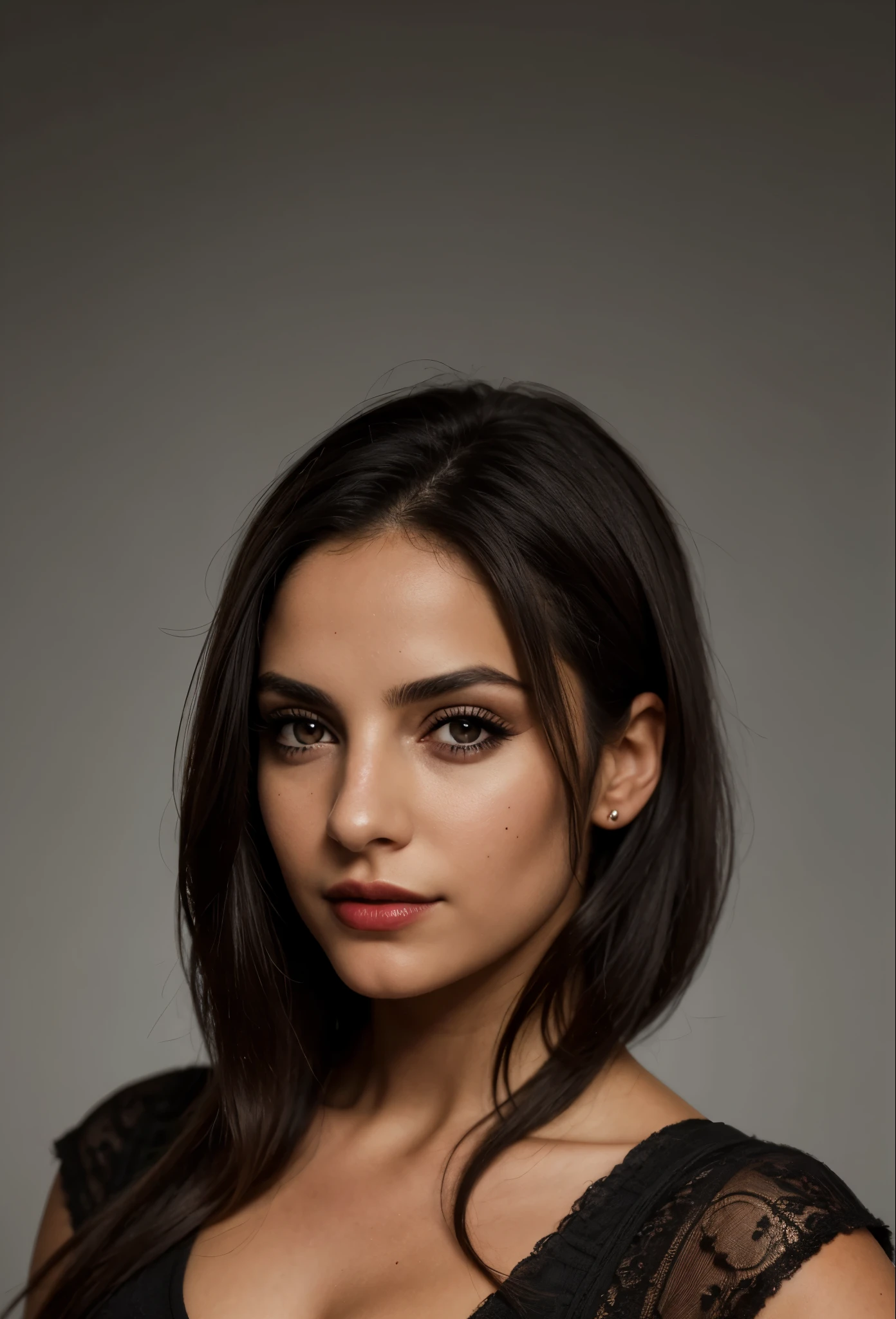 1 chica,fondo negro,frente,ojos grises,labios,pelo largo,mirando al espectador,constituir,mole,nariz,retrato,realista,red labios,foto cruda,8K,realista skin details,realista hair details,piel perfecta,8K uhd,DSLR,alta calidad,