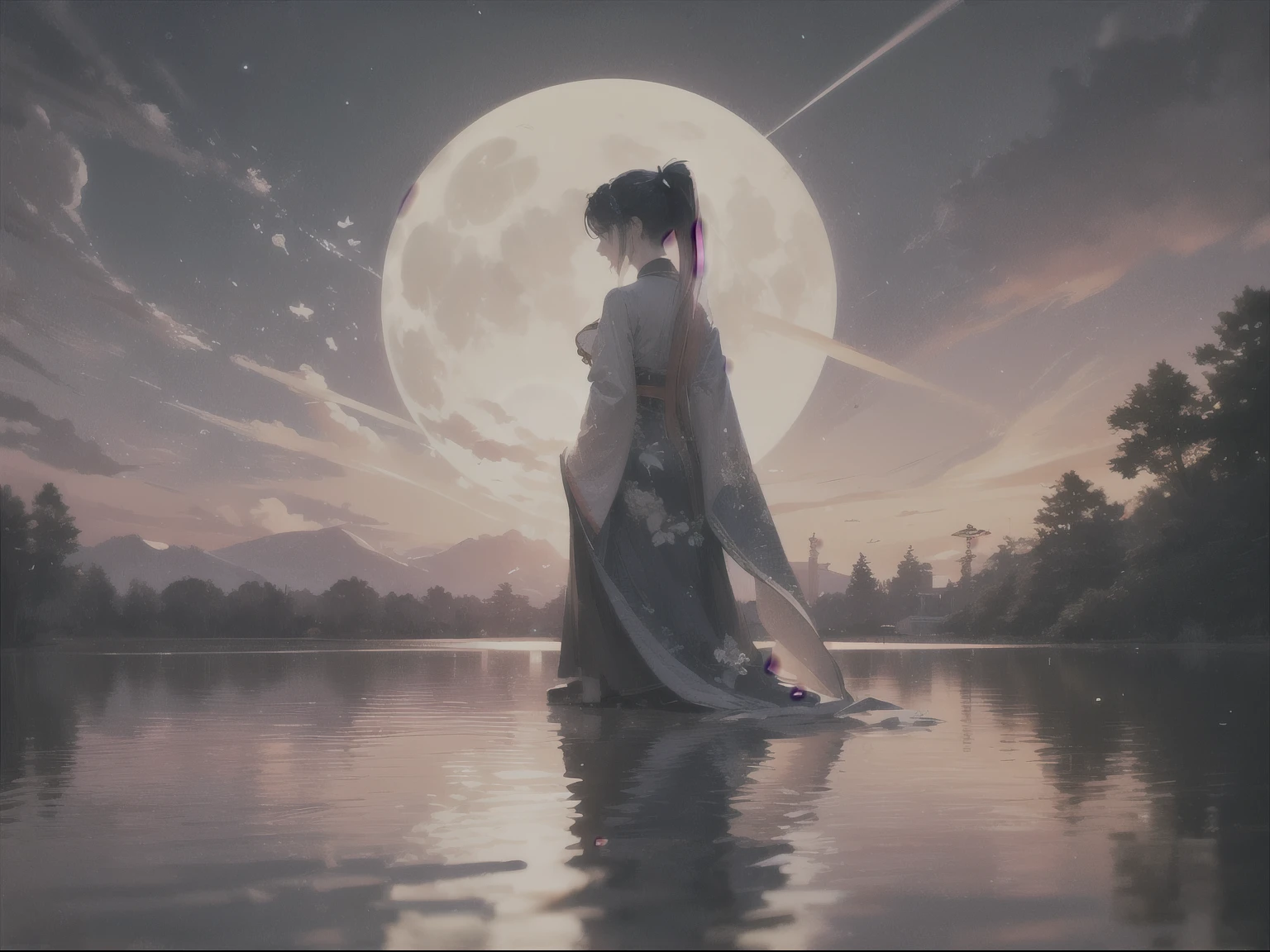 alone, beautiful women, The world of martial arts, Chinese clothing, ancient custom, wind blows, flowering, pond, night, moon relection in the pond, blue hair, purple hair, ponytail, long hair, , gradient hair, black hair, silver hair, long hair, Ray tracing, reflected light, depth of field, from behind, panoramic, masterpiece, best quality, high detail, high quality, precise, textured skin, ultra high definition