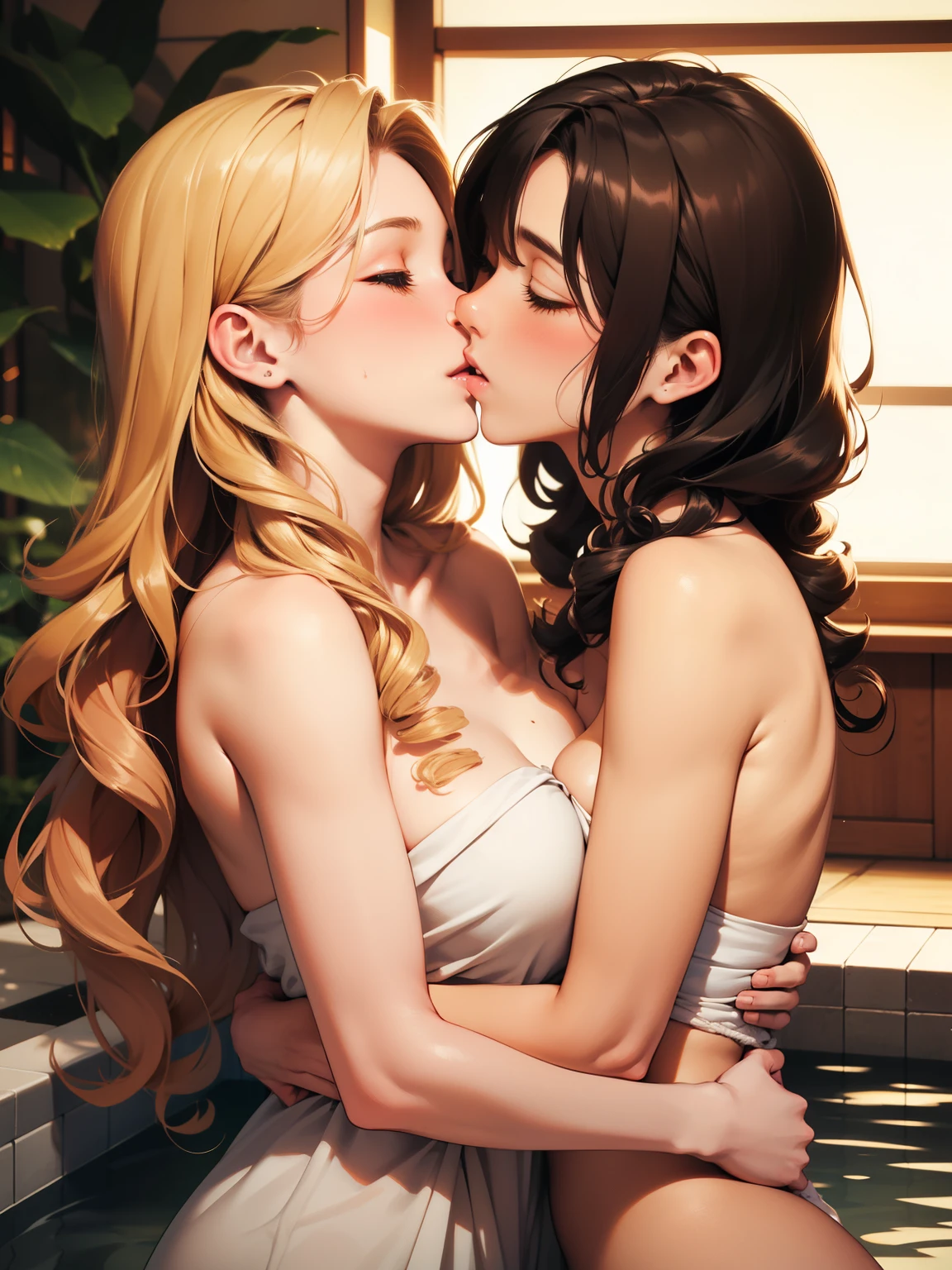 A female couple kisses a naked woman wearing a bath towel in a Japanese hot spring, (SFW) Work, kissing together cutely, Girl Love Art, OPPEIN, Side milk, Slightly saggy big breasts, small breasts, (((Extra long yellow curly hair))), (((Brown shoulder-length straight hair))), (girl love kiss), The mouth is very detailed,  (girl love hug), touch her clothes, (touch her breasts), SFW version