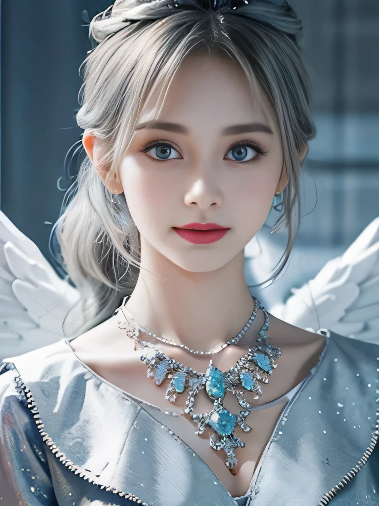 4K、she is a wind fairy、angel wings on the back、blue eyes、Dress that shows your collarbones、blue sky background、close up of face、gray hair、big feathers、Blue and white background、platinum decoration、platinum earrings、platinum necklace、Platinum Silver Hair、platinum silver eyebrows、flashy decoration、ponytail、white and blue、smile、clear white skin、well-groomed face、gray hairと眉毛、Wedding dress、white background、I'angry、