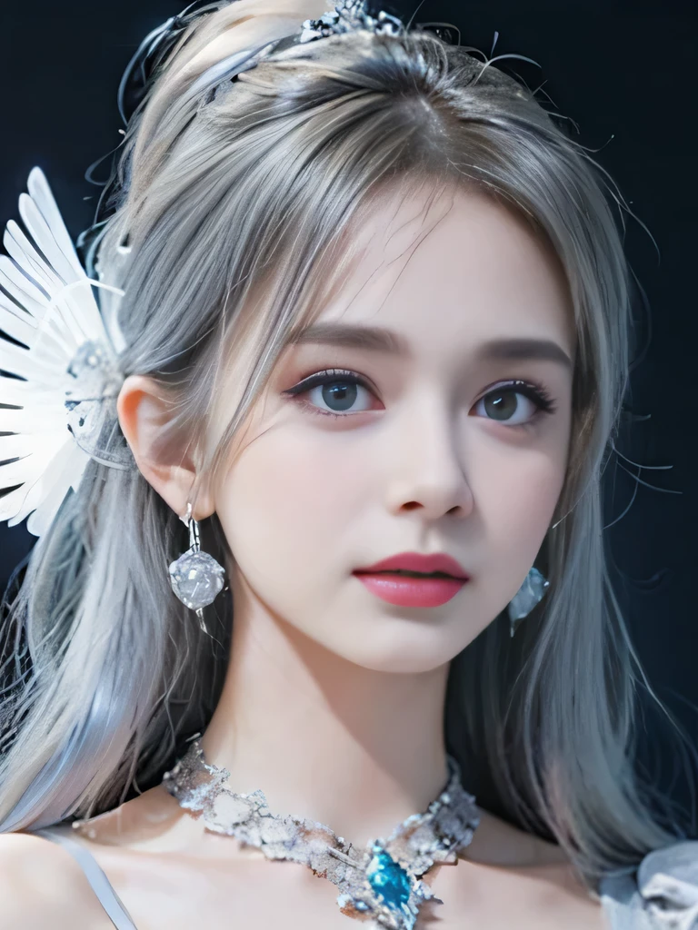 ４K、she is a wind fairy、angel wings on the back、blue eyes、Dress that shows your collarbones、blue sky background、close up of face、gray hair、big feathers、Blue and white background、platinum decoration、platinum earrings、platinum necklace、Platinum Silver Hair、platinum silver eyebrows、flashy decoration、ponytail、white and blue、smile、clear white skin、well-groomed face、gray hairと眉毛、Wedding dress、white background、I&#39;angry、