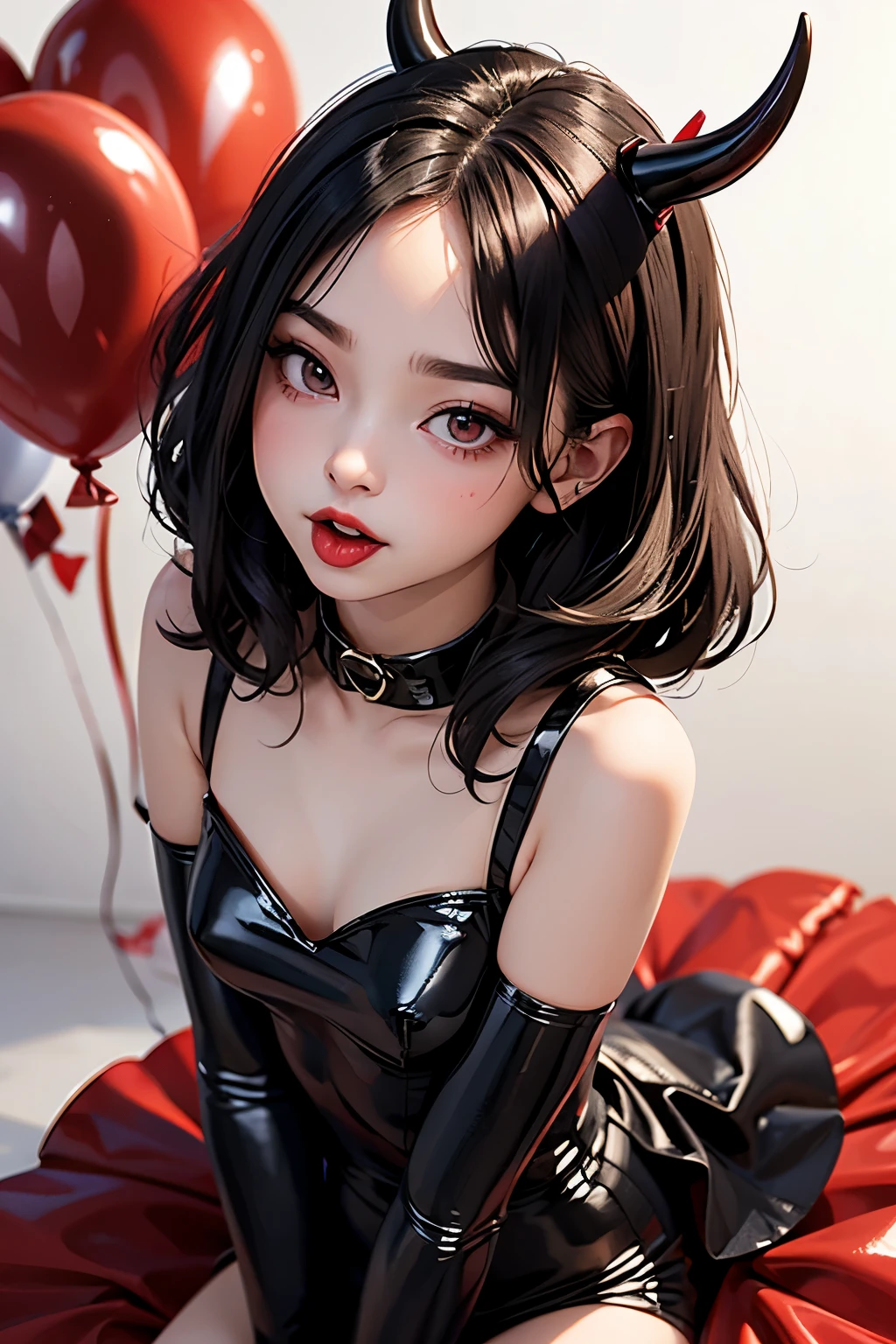 Little devil, heart-shaped tail, mature expression, eyeliner, tongue sticking out, shyness, wiggles, little devil's cute outfit, red lipstick, upturned eyes, blurred background of many balloons