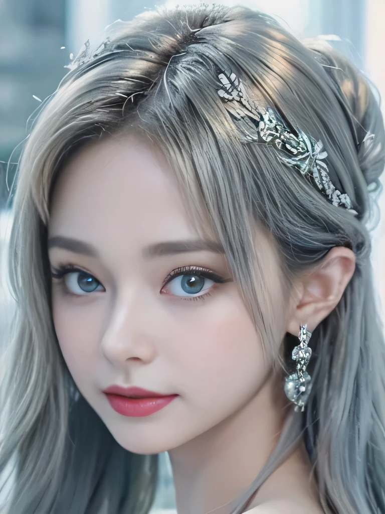 4K、she is a wind fairy、angel wings on the back、blue eyes、Dress that shows your collarbones、blue sky background、close up of face、gray hair、big feathers、Blue and white background、platinum decoration、platinum earrings、platinum necklace、Platinum Silver Hair、platinum silver eyebrows、flashy decoration、ponytail、white and blue、smile、clear white skin、well-groomed face、gray hairと眉毛、Wedding dress、white background、I'angry、