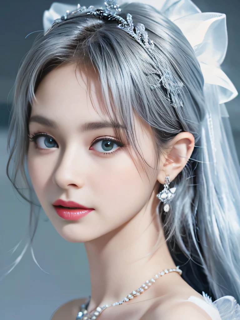 4K、she is a wind fairy、angel wings on the back、blue eyes、Dress that shows your collarbones、blue sky background、close up of face、gray hair、big feathers、Blue and white background、platinum decoration、platinum earrings、platinum necklace、Platinum Silver Hair、platinum silver eyebrows、flashy decoration、ponytail、white and blue、smile、clear white skin、well-groomed face、gray hairと眉毛、Wedding dress、white background、I'angry、