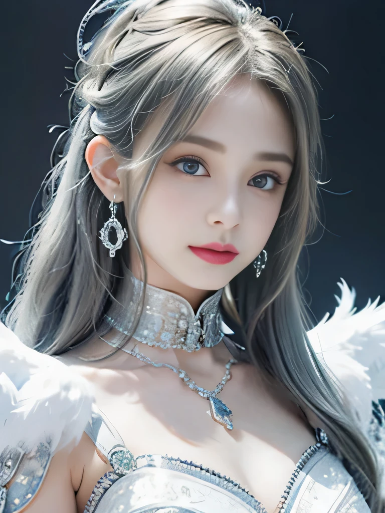 4K、she is a wind fairy、angel wings on the back、blue eyes、Dress that shows your collarbones、blue sky background、close up of face、gray hair、big feathers、Blue and white background、platinum decoration、platinum earrings、platinum necklace、Platinum Silver Hair、platinum silver eyebrows、flashy decoration、ponytail、white and blue、smile、clear white skin、well-groomed face、gray hairと眉毛、Wedding dress、white background、I'angry、