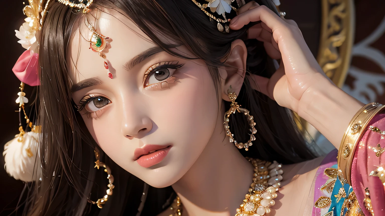 a painting of a woman in a pink sari with gold jewelry, indian goddess of wealth, indian goddess, a stunning portrait of a goddess, portrait of a beautiful goddess, 3 d goddess radha portrait, portrait painting of radha rani, beautiful character painting, inspired by Shri Radha rani, goddess radha, Shri Radha, traditional female hairstyles, goddess portrait, beautiful avatar pictures, goddess close-up portrait