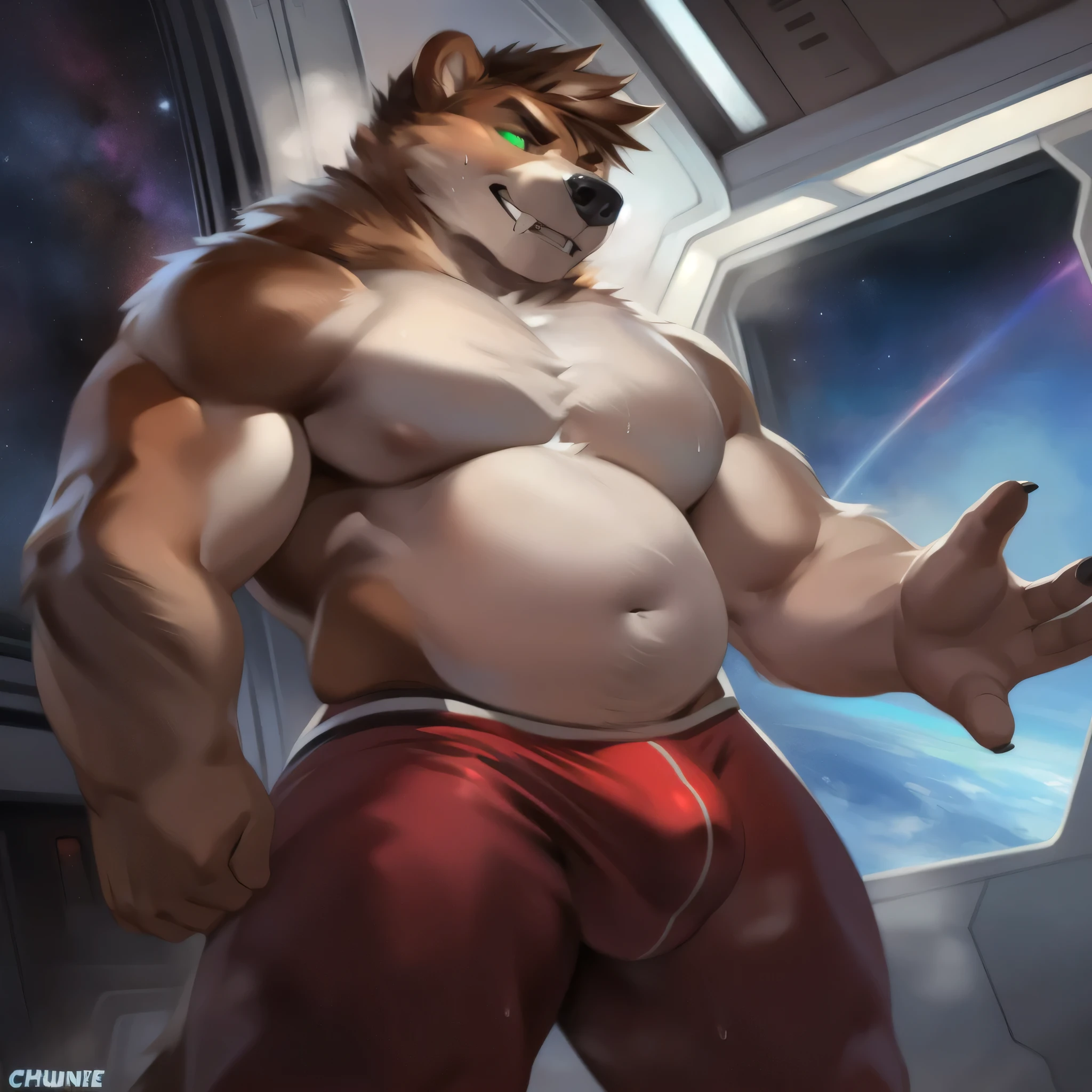 Solo, male, bear, bulge, detailed bulge, detailed crotch, muscular, big, strong, powerful, thick, wide, slightly chubby, large pecs, brown fur, fangs, teeth, evil expression, smirking, steam, sweaty, sweat, black nose, green eyes, detailed eyes, detailed hands, brown hair, hair covering eye, medium hair, by chunie, by darkgem, by glitter trap boy, spaceship, space, window, glowing eyes, standing, red spacesuit,