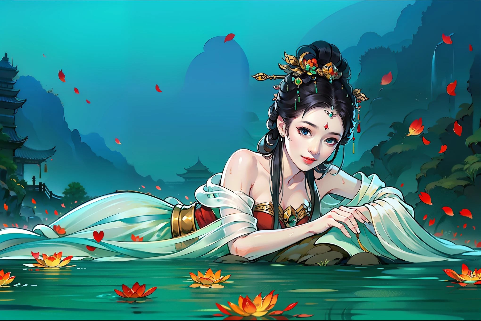 （masterpiece，super detailed，HD details，highly detailed art）1 girl lying in the water，alone，Wet clothes，messy hair，Smile，hot spring water，water vapor，bare shoulders, petal，Clear water，hanfu，Ripples in the water，Highly detailed character designs from East Asia，Game character costume design，ultra high resolution, sharp focus, epic work, masterpiece, (Very detailed CG unified 8k wallpaper)，pretty face，beautiful eyes，HD details