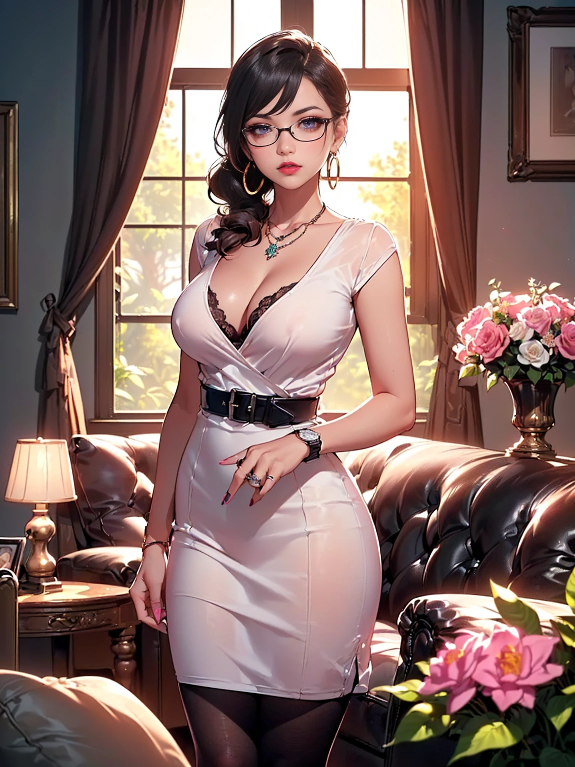 ((1woman, solo, alone, woman, (retro high pony, busty, large breasts), brown hair, black eyes, prescription glasses, pink lipstick, wrist watch, wedding ring, hoop earrings, pendant necklace, (white dress, sheath derss, black belt, black tights), (arrogant), arrogant personality), ((solo, (1woman, pink lipstick, seen from the front), Extremely detailed, ambient soft lighting, 4k, perfect eyes, a perfect face, perfect lighting, a 1girl)), ((standing, living room, decorated room, large jalena, flower garden, tree-lined garden))