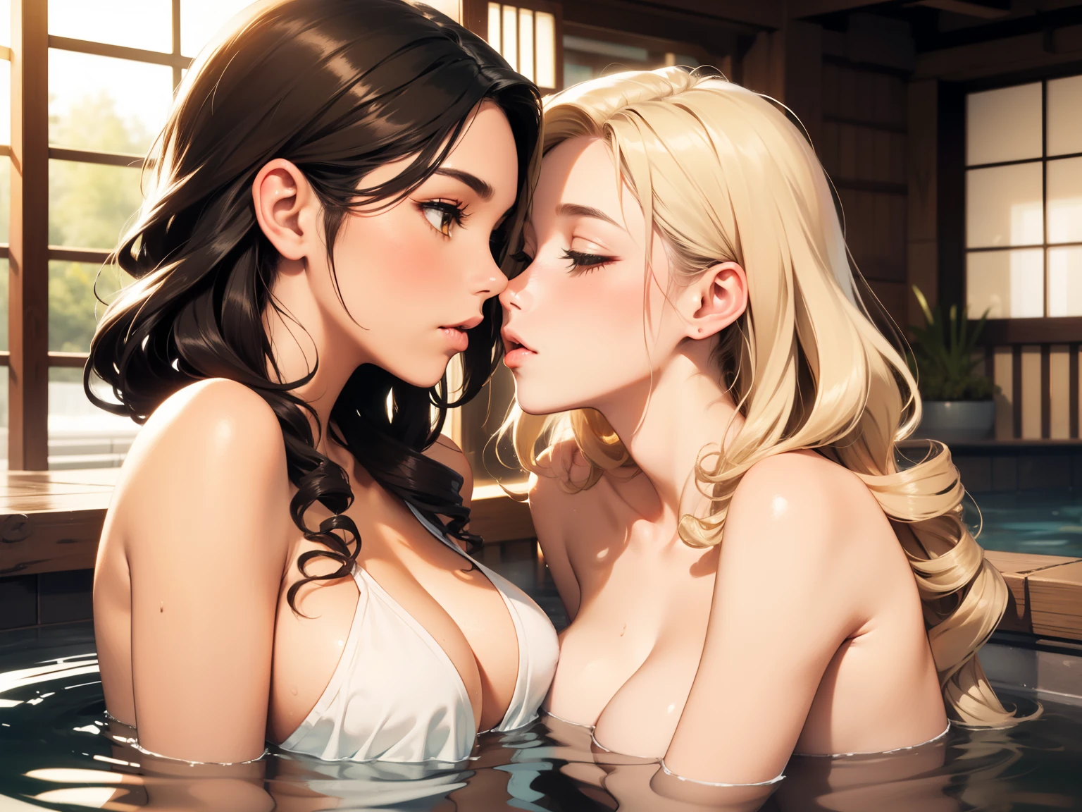 A female couple kisses a  woman wearing a bath towel in a Japanese hot spring, (SFW) Work, kissing together cutely, Girl Love Art, OPPEIN, Side milk, Slightly saggy big bll breasts, (((Extryellow curly hair))), (((Brown shoulder-length straight hair))), (girl love kiss), The mouth is very detailed,  (girl love hug), touch her clothes, (touch her breasts), SFW version