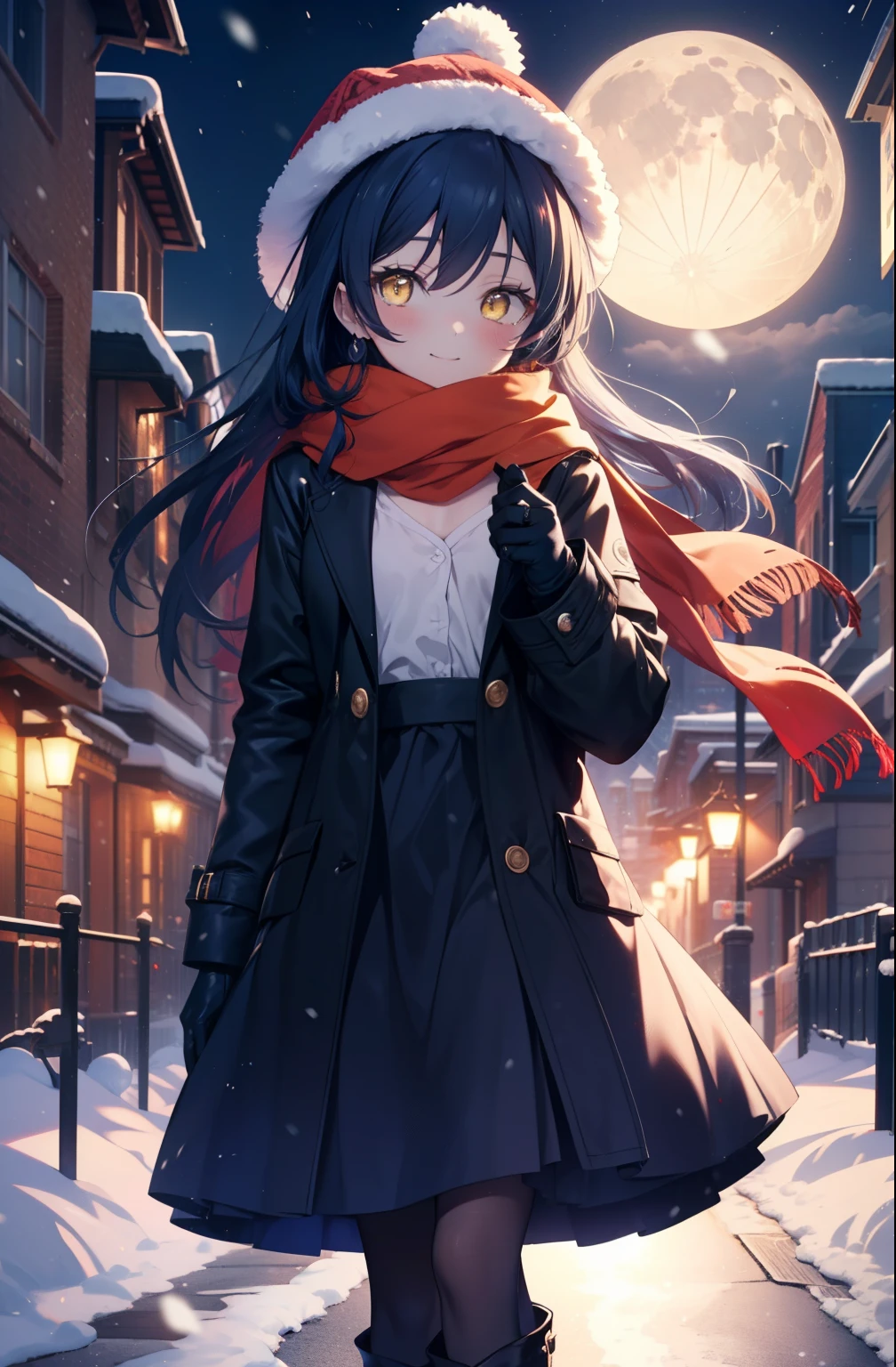 you are so kind, umi sonoda, long hair, blue hair, (yellow eyes:1.5) (flat chest:1.2),smile,blush knit hat,Blue fluffy long coat, blue fluffy gloves,sweater, long skirt,black pantyhose,short boots,red orange scarf,snow is falling,It&#39;s snowing,moon,moon光、
break looking at viewer,
break outdoors, In town,residential street,
break (masterpiece:1.2), highest quality, High resolution, unity 8k wallpaper, (figure:0.8), (detailed and beautiful eyes:1.6), highly detailed face, perfect lighting, Very detailed CG, (perfect hands, perfect anatomy),