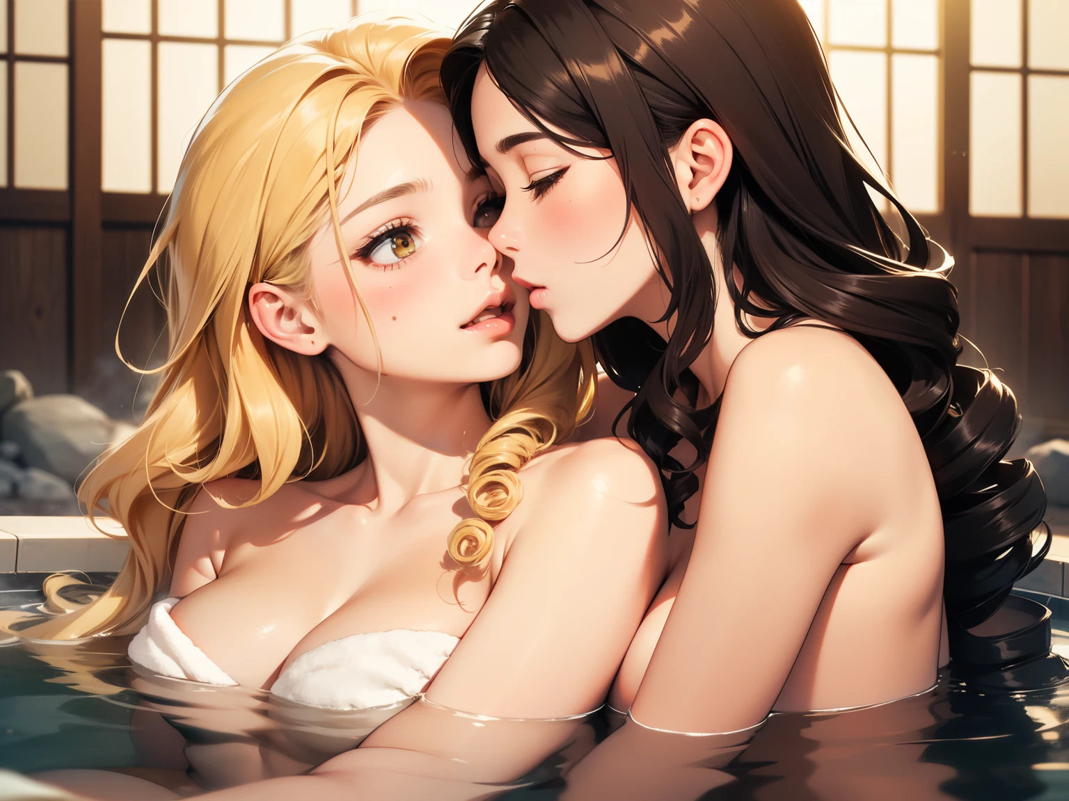 A female couple kisses a naked woman wearing a bath towel in a Japanese hot spring, (SFW) Work, kissing together cutely, Girl Love Art, OPPEIN, Side milk, Slightly saggy big breasts, small breasts, (((Extra long yellow curly hair))), (((Brown shoulder-length straight hair))), (girl love kiss), The mouth is very detailed,  (girl love hug), touch her clothes, (touch her breasts), SFW version