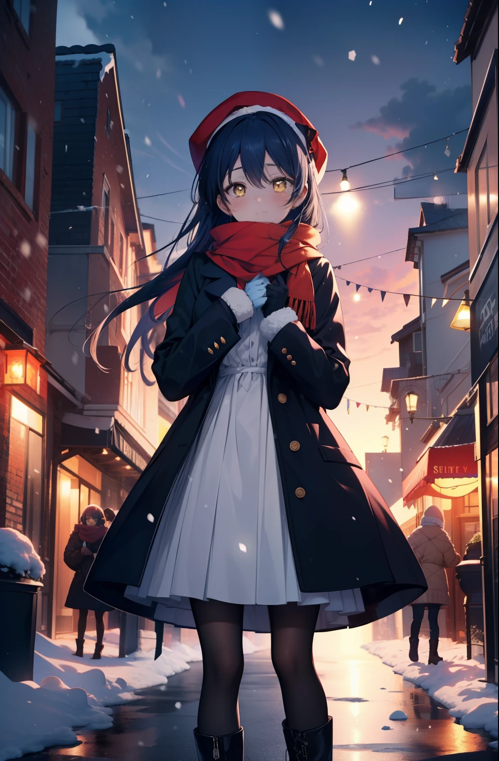 you are so kind, umi sonoda, long hair, blue hair, (yellow eyes:1.5) (flat chest:1.2),smile,blush knit hat,Blue fluffy long coat, blue fluffy gloves,sweater, long skirt,black pantyhose,short boots,red orange scarf,snow is falling,It&#39;s snowing,moon,moon光、
break looking at viewer,
break outdoors, In town,residential street,
break (masterpiece:1.2), highest quality, High resolution, unity 8k wallpaper, (figure:0.8), (detailed and beautiful eyes:1.6), highly detailed face, perfect lighting, Very detailed CG, (perfect hands, perfect anatomy),