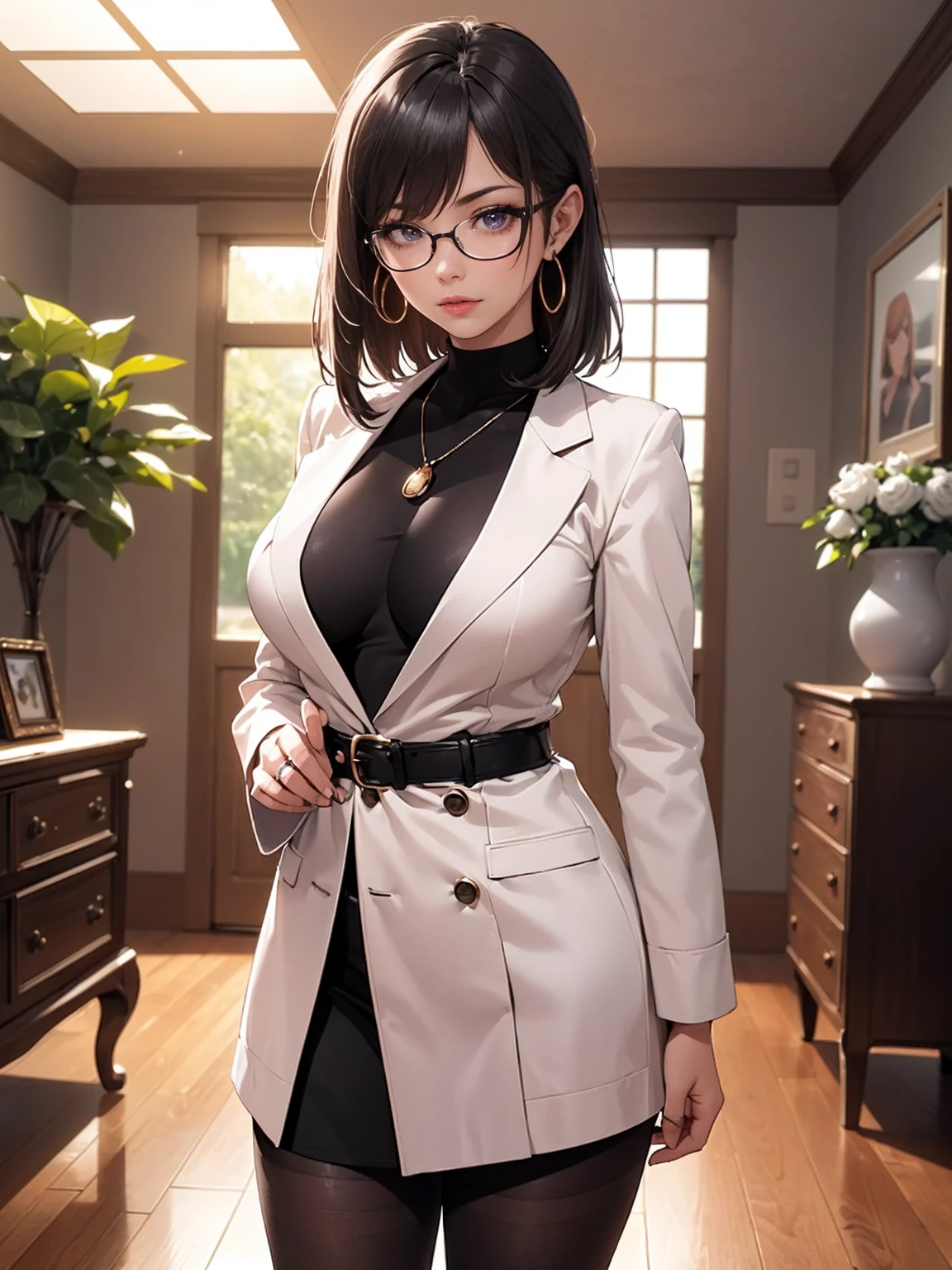 ((1woman, solo, alone, woman, (retro high pony, busty, large breasts), brown hair, black eyes, prescription glasses, pink lipstick, wrist watch, wedding ring, hoop earrings, pendant necklace, ((white dress, sheath derss), light green blazer, black belt, black tights),(arrogant), arrogant personality), ((solo, (1woman, pink lipstick, seen from the front), Extremely detailed, ambient soft lighting, 4k, perfect eyes, a perfect face, perfect lighting, a 1girl)), ((standing, living room, decorated room, large jalena, flower garden, tree-lined garden))