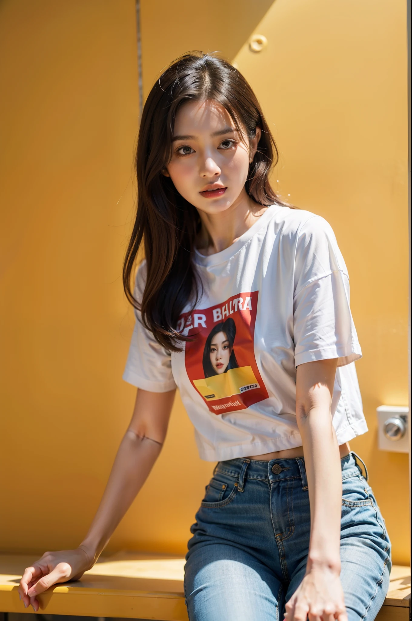 Araffed woman sitting on bench in room with yellow walls, official product image, A torn cropped t-shirt, casual style, short sleeve, korean beauty, different actions,