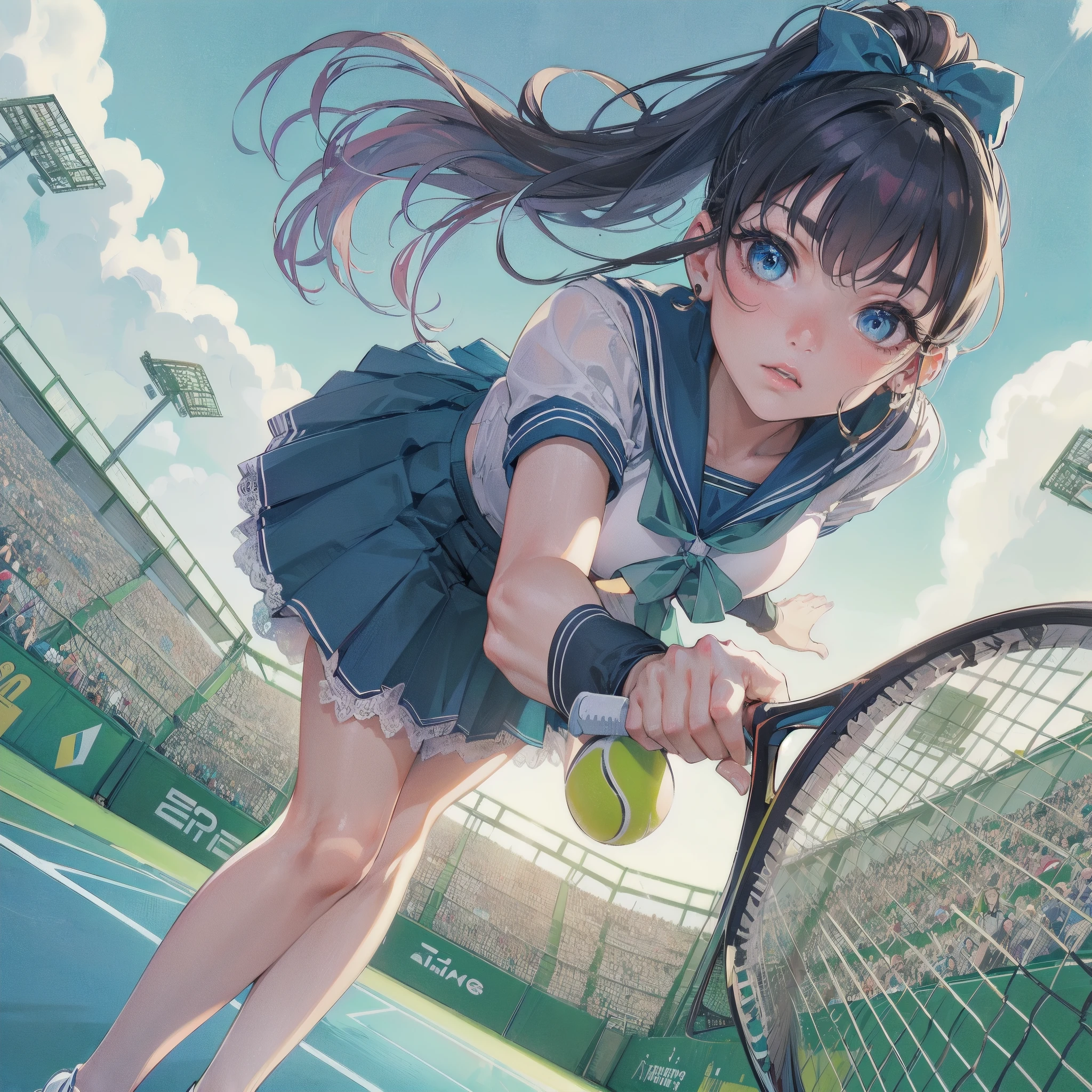 high quality,HD,16k,sharp lines,1 girl,Female tennis athlete ,cute face, large breasts, nice legs,At the tennis venue,focus girl,detailed beautiful face,detailed clothes,beautiful eyes,cool,dynamic angle