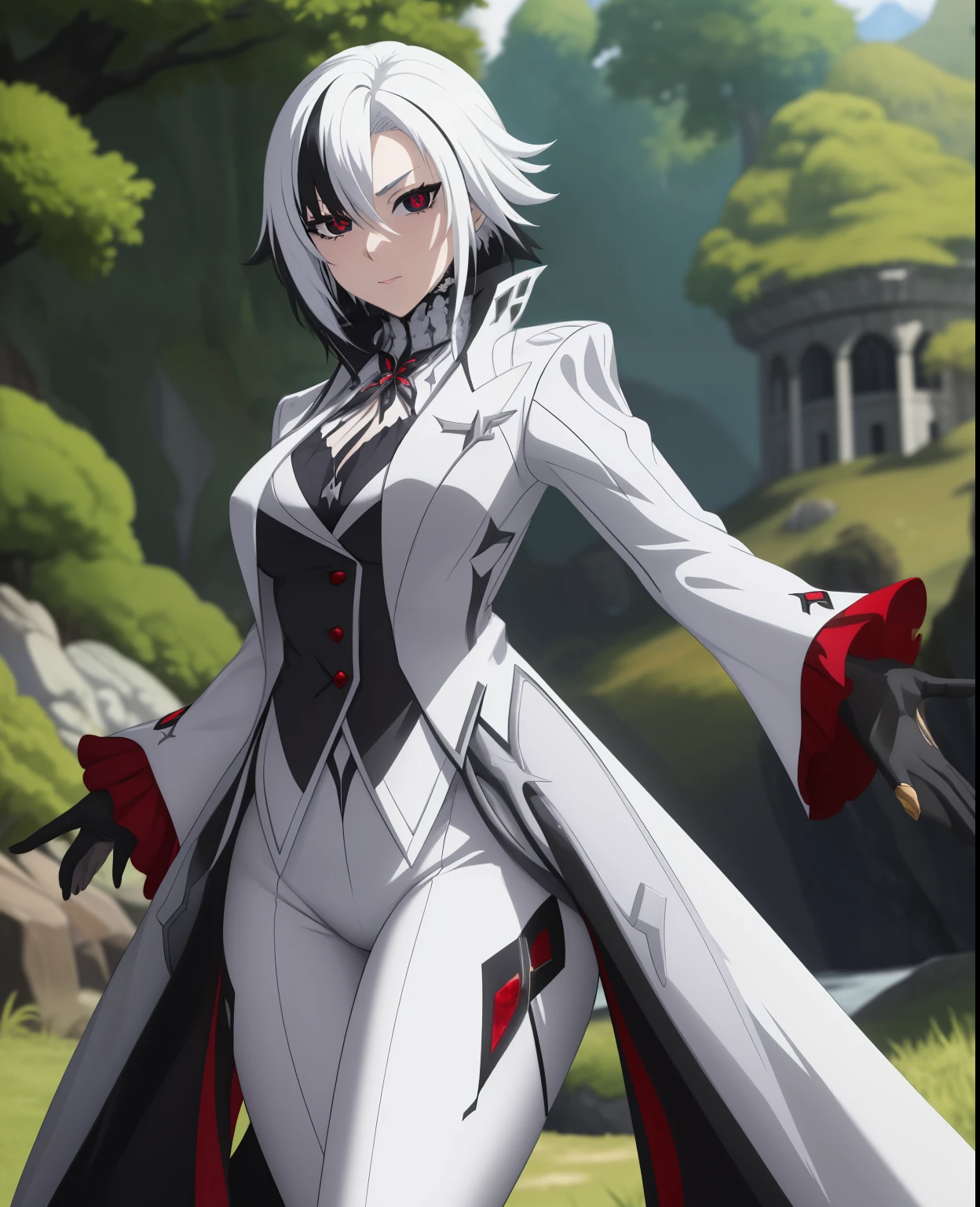 masterpiece, best quality, ultra-detailed, anime style,1girl, solo, white hair, black hair, multicolored hair, black eyes, x-shaped pupils, white arle_suit, fantasy world background