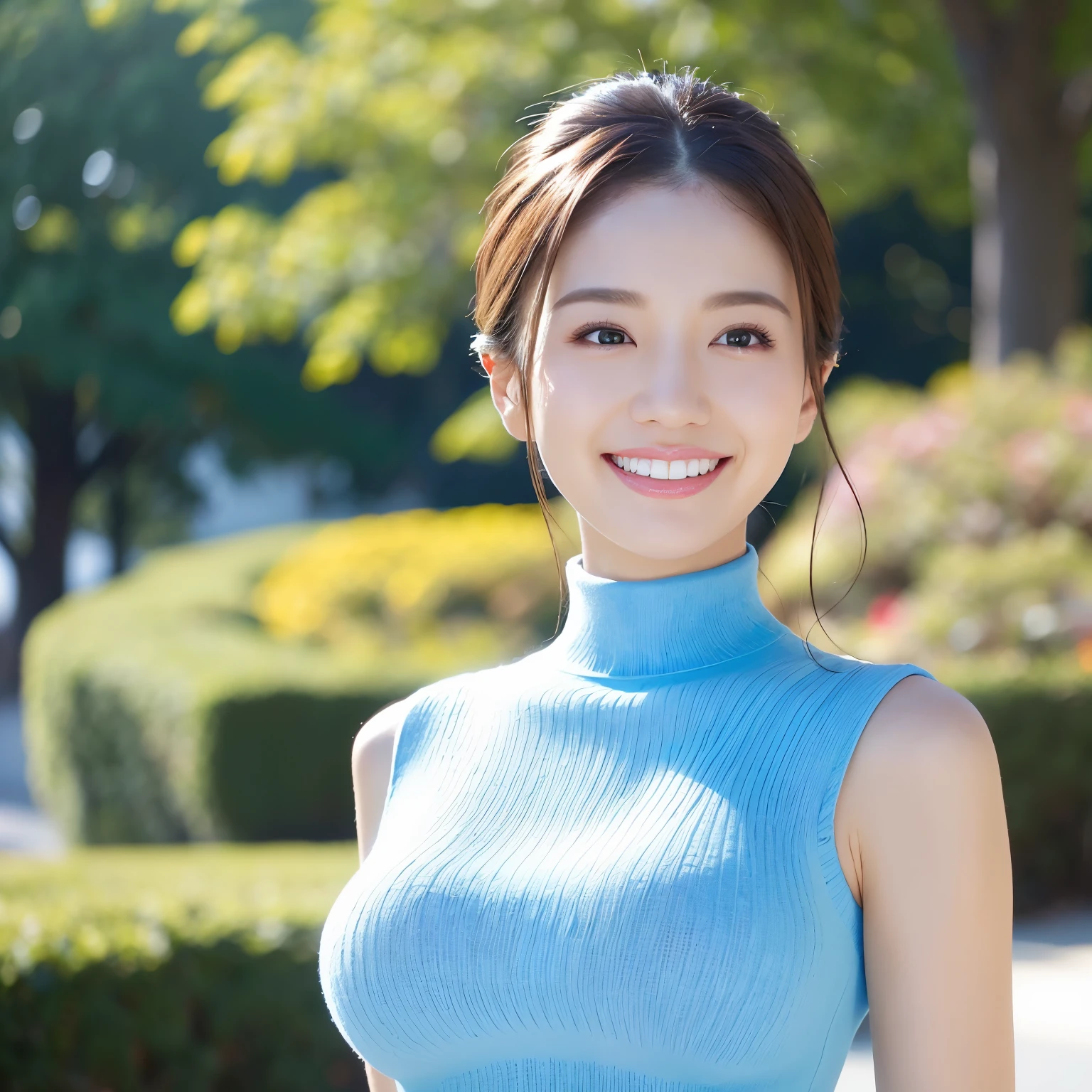 (highest quality、table top、8K、best image quality、Award-winning work)、1 woman、(Perfect light blue sleeveless turtleneck knit sweater dress:1.5)、the best smile looking at me、(huge breasts:1.8)、(angle from the side:1.2)、Exactly、(emphasize body line:1.2)、low length、(glamorous body:1.2)、(Chubby body type:1.2)、(Beautiful park background with strong blur:1.1)、The most natural and perfect beauty park、A perfectly maintained normal park、stand gracefully、Refreshing scenery、natural makeup、Ultra high definition beauty face、(Super high resolution perfect teeth:1.1)、ultra high definition hair、Super high-definition sparkling eyes、(Super high resolution glossy skin:1.1)、Super high resolution glossy lips、(accurate anatomy:1.1)、(very bright and vivid:1.3)、(Beautiful skin that shines brightly:1.3)