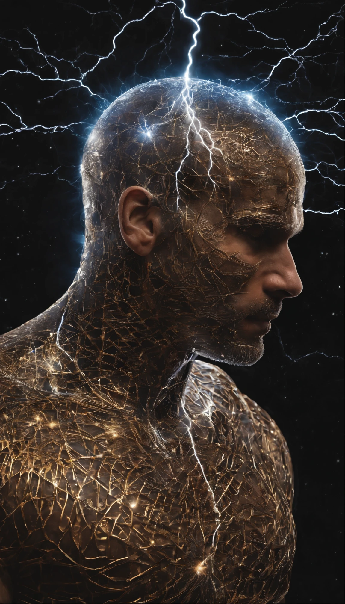 A man with a shiny head and a lightning bolt sticking out of his head, It attracts lightning, Personality of mind, Nootropic stimulant, Projection of consciousness, detailed Glowing head, أعجوبة nervousة, Excess, Glowing head, Circles are visible in the head, Mind control, Head explosion, Tragedy of the mind - driven, Neurology, nervous, Pintura Fosca da Mente Humana