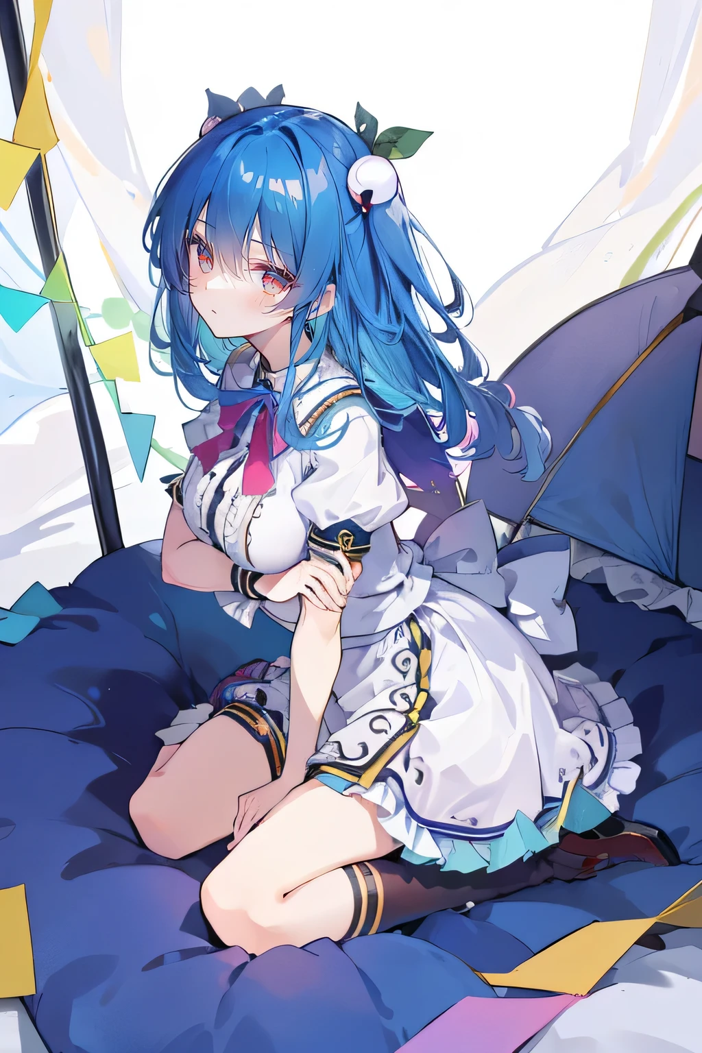 (masterpiece),best quality, expressive eyes, perfect face,sit, sit on ground, legs on the ground, 1girl,
big breasts, H cup, Good breasts, arms crossed, Fair, Gorgeous,japanese manga,girl,Laura,young angel, blue hair, blue haired,tent , tent chest, tent breast, floating clothes