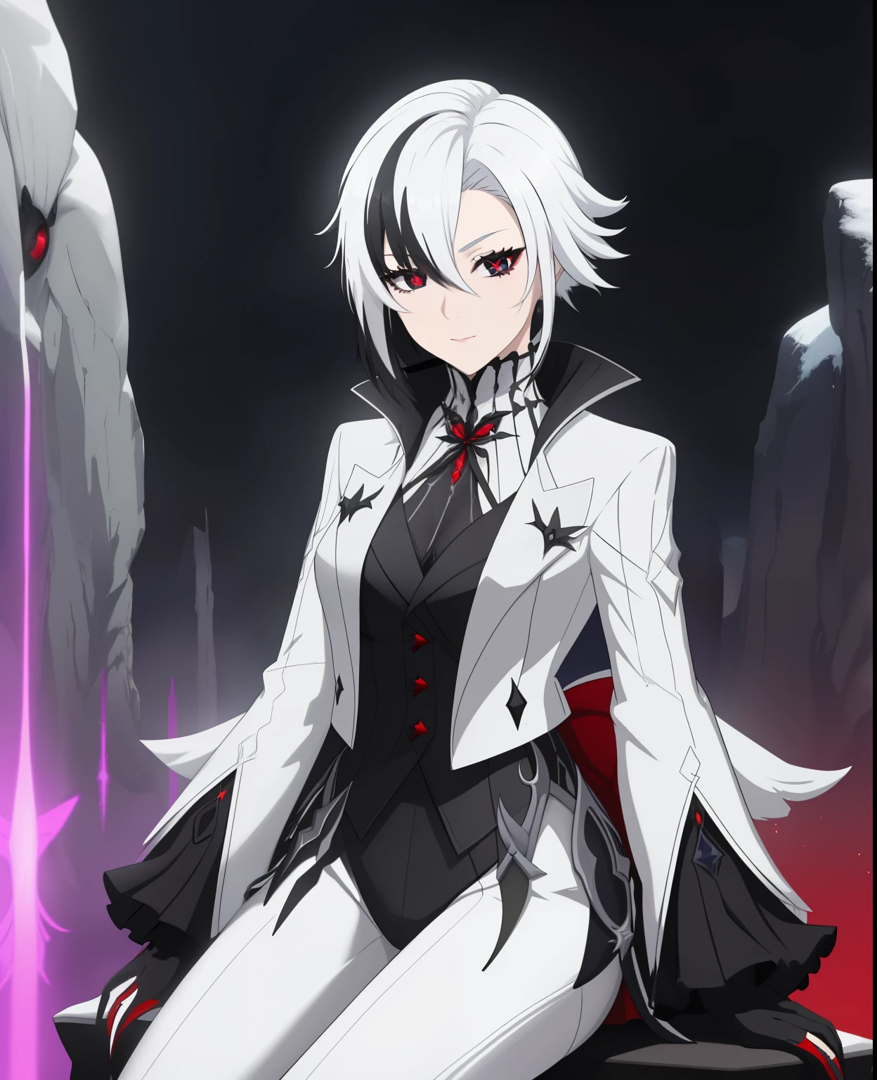 1girl, solo, white hair, black hair, multicolored hair, black eyes, x-shaped pupils, white arle_suit, fantasy world background