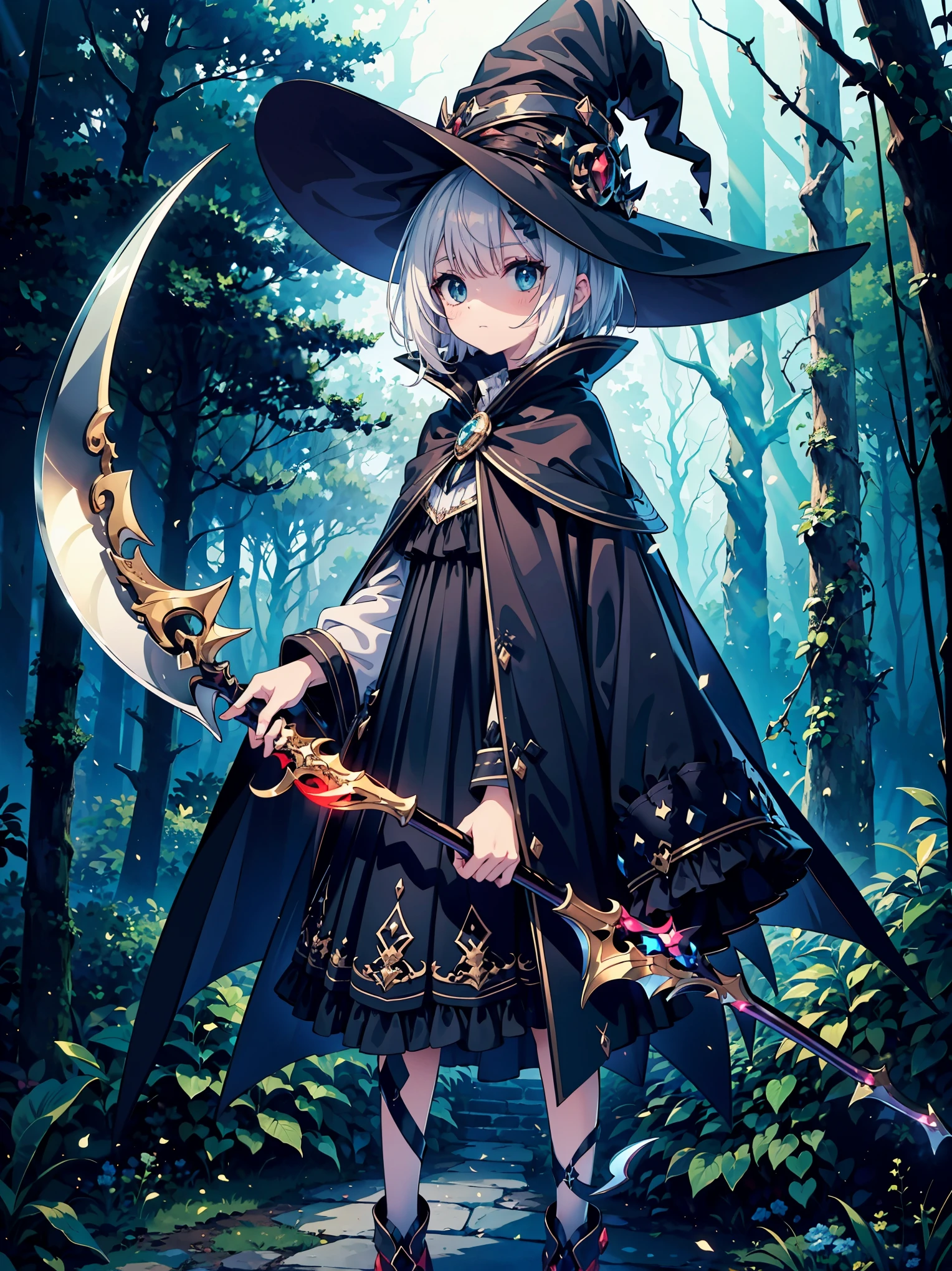 (masterpiece), best quality, highly detailed, A Magus girl with white hair holdding a magical scythe, witch hat, huge horn, frill short skirt, red and black outfit, scythe, magic light, background is dark forests