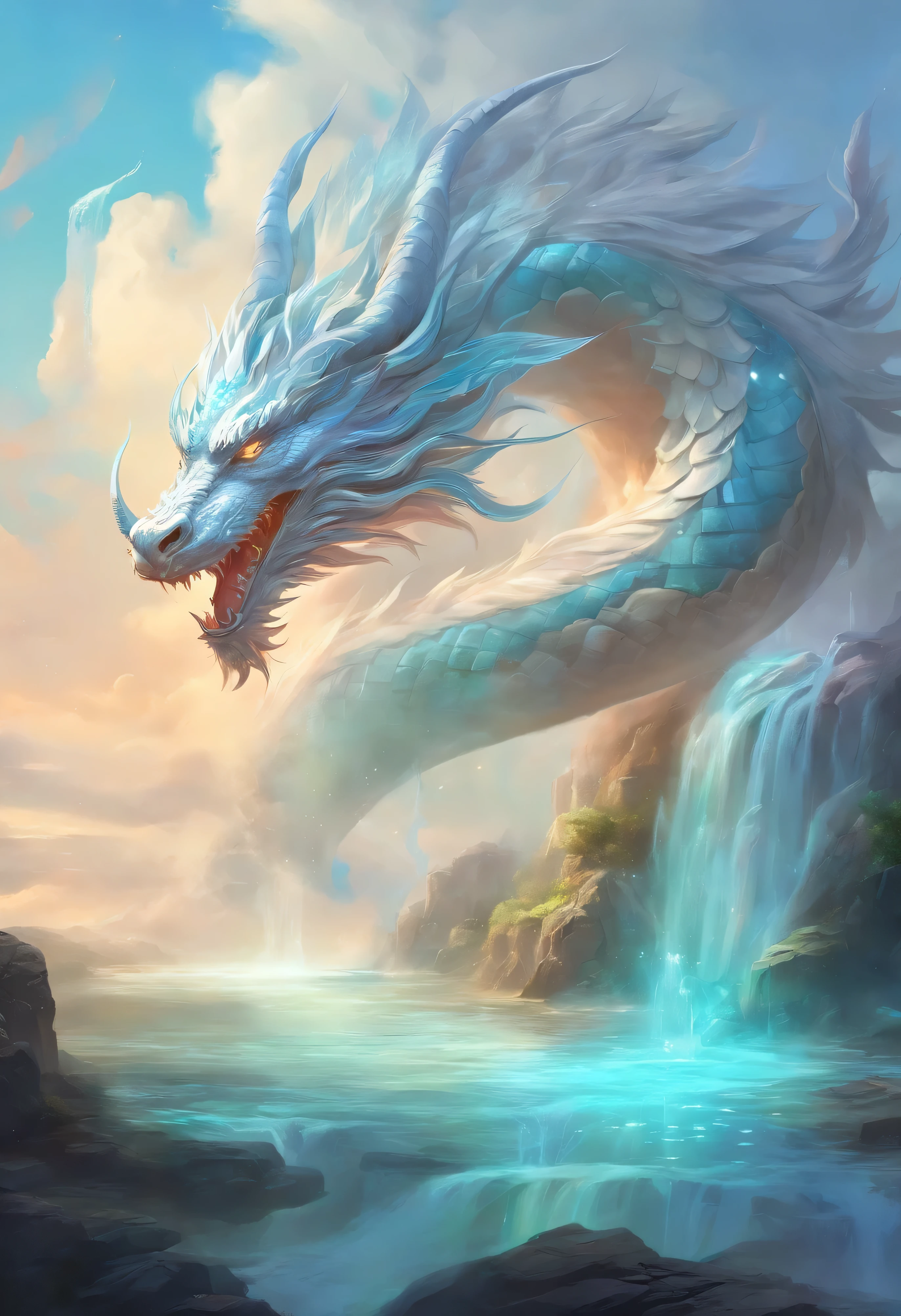 landscape painting,White rainbow background,A huge Chinese dragon appears in the sky white,A huge gem grew,Glowing water splash and ice