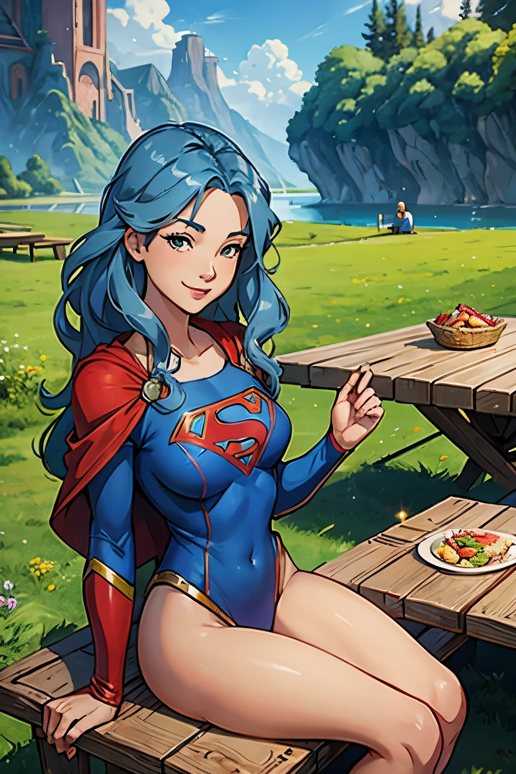 Supergirl, bottomless, long wavy blue hair, admiring nature, studio Ghibli scenery, smiling, picnic table, pets playing, retro aircraft, beautiful, serene, ultra hd