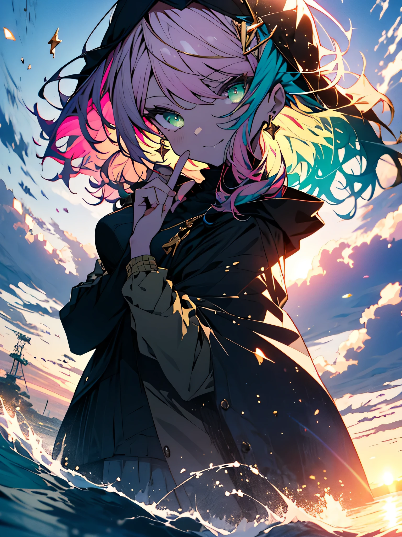 (highest quality、masterpiece、High resolution、be familiar with)、(Shining eyes、be familiar with美しい顔)、8K、(1 girl), (rainbow colored hair, colorful hair, half green and half pink hair: 1.2), 17 years old, green_null, I have a magic wand, summer (OceansOn top of that), petal_On top of that_liquid, black cloak with hood, red and black torn dress, skirt: 1.2, (gold lOn top of thatg curly hair: 1.5), null, outdoor, cloud, bangs, smile, null green eyes, bare shoulders, perfect hands, hand details, repaired finger. earrings, Ocean + background, looking for_in_viewer, cowboy shot, highest quality, Rich details, perfect image quality, sunrise