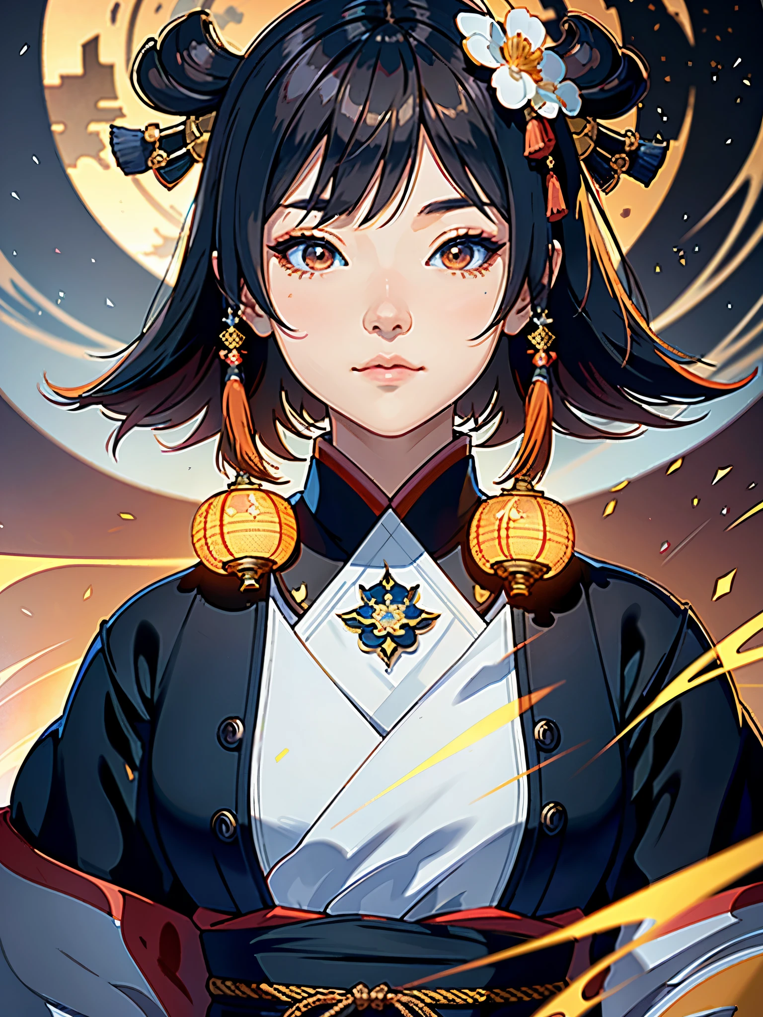 onmyoji,Japanese woman, hyper-detailing, warm tones, intricate details, volumetric, art by Iliya Kuvshinov, a glaring eyes, dvArchModern, 85 mm, f1.8, portraite of a, photo-realistic, A hyper-realistic, orange, Ultra-detailed, intrikate, dramatic, Sunset lighting, eye shadow, wide dynamic range