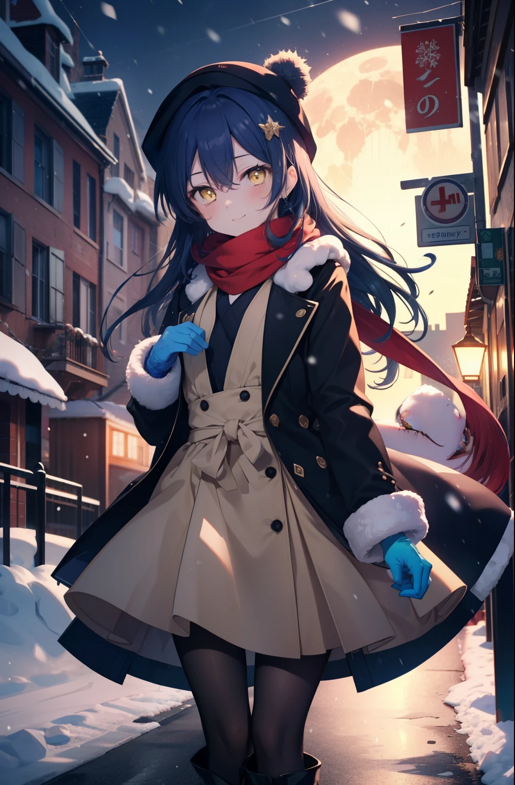 you are so kind, umi sonoda, long hair, blue hair, (yellow eyes:1.5) (flat chest:1.2),smile,blush knit hat,Blue fluffy long coat, blue fluffy gloves,sweater, long skirt,black pantyhose,short boots,red orange scarf,snow is falling,It&#39;s snowing,moon,moon光、
break looking at viewer,
break outdoors, In town,residential street,
break (masterpiece:1.2), highest quality, High resolution, unity 8k wallpaper, (figure:0.8), (detailed and beautiful eyes:1.6), highly detailed face, perfect lighting, Very detailed CG, (perfect hands, perfect anatomy),