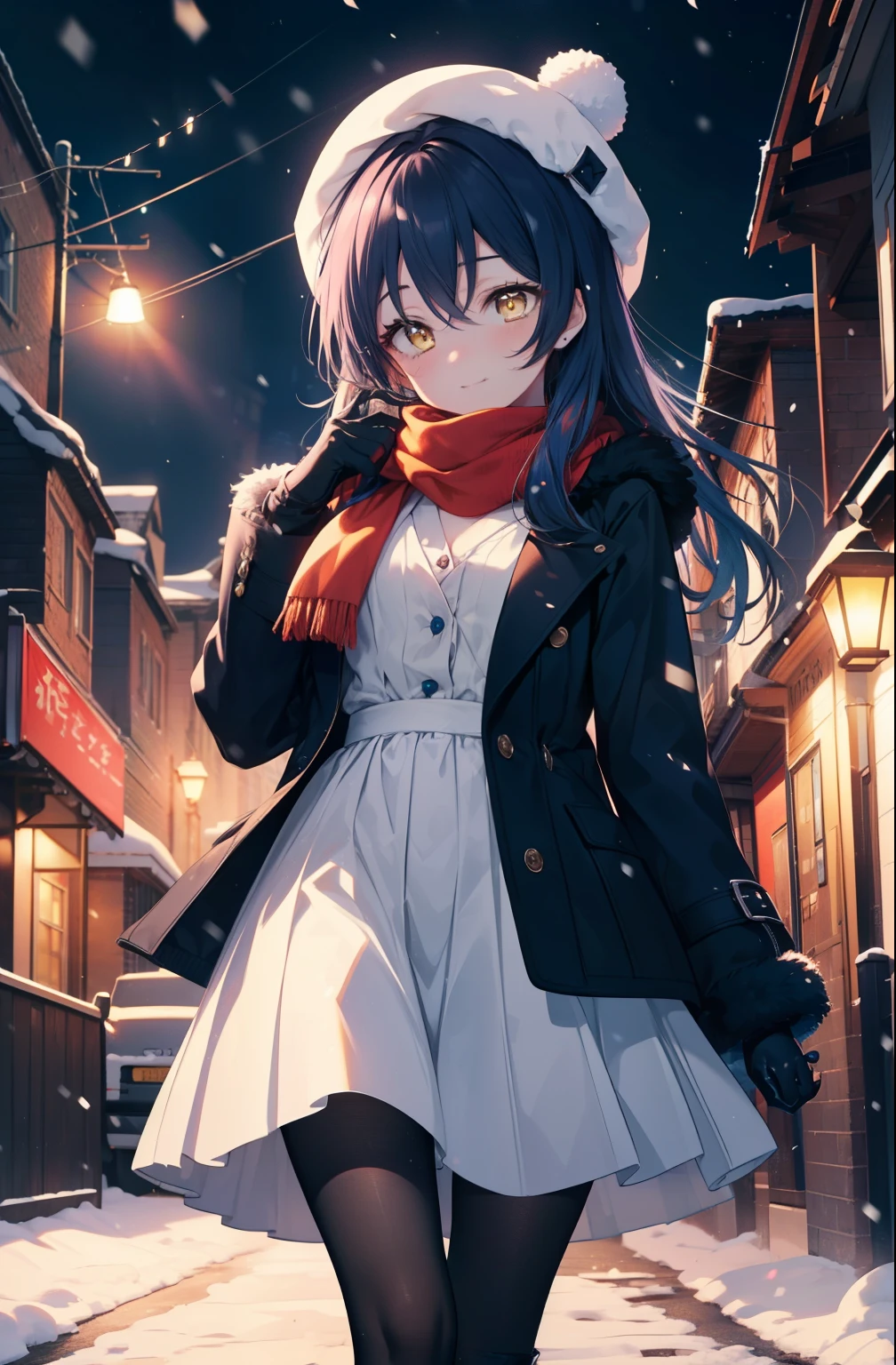 you are so kind, umi sonoda, long hair, blue hair, (yellow eyes:1.5) (flat chest:1.2),smile,blush knit hat,Blue fluffy long coat, blue fluffy gloves,sweater, long skirt,black pantyhose,short boots,red orange scarf,snow is falling,It's snowing,moon,moon光、
break looking at viewer,
break outdoors, In town,residential street,
break (masterpiece:1.2), highest quality, High resolution, unity 8k wallpaper, (figure:0.8), (detailed and beautiful eyes:1.6), highly detailed face, perfect lighting, Very detailed CG, (perfect hands, perfect anatomy),