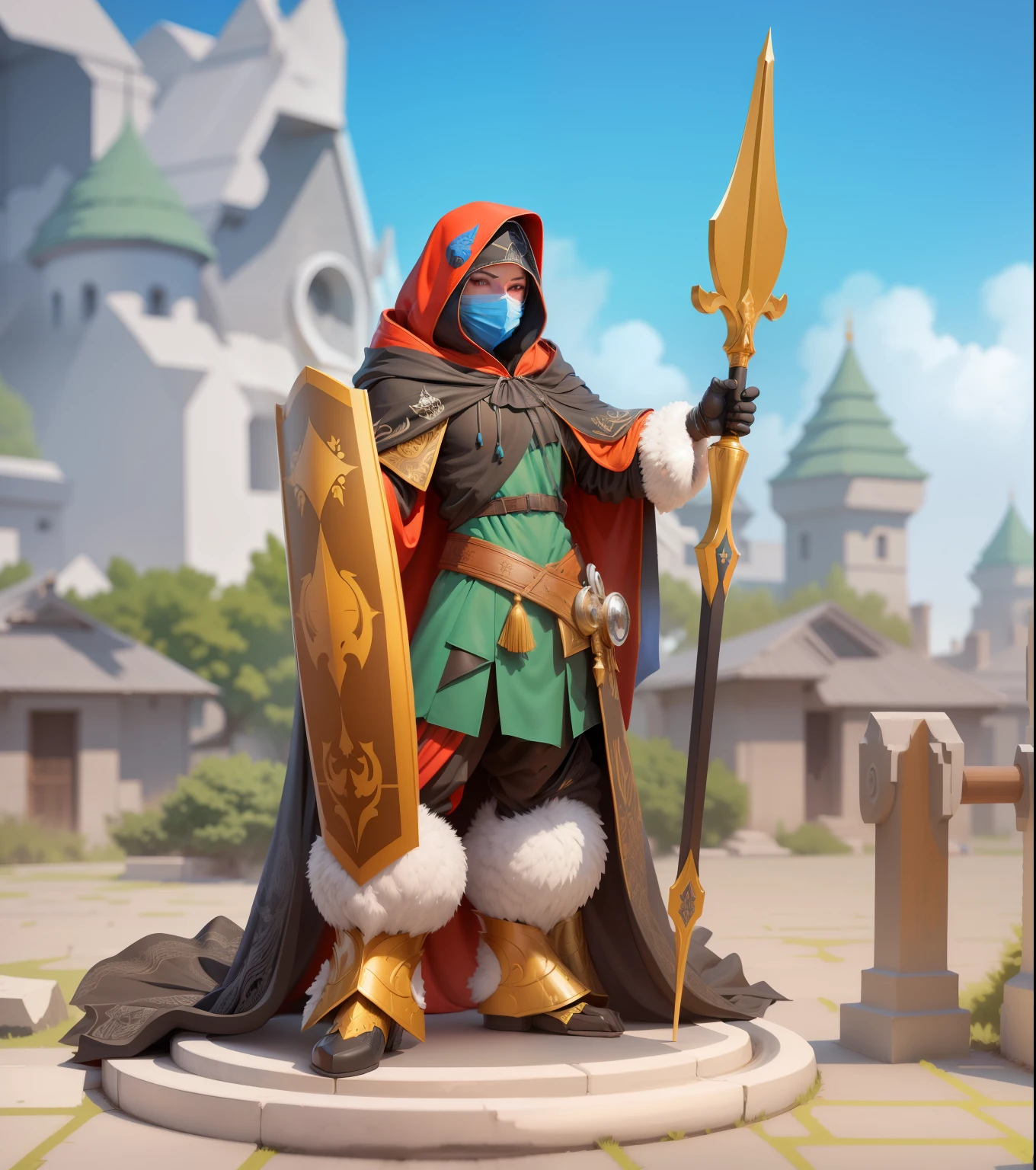 black and white relief, vector, the face is completely covered by the hood, blue cloak, more details