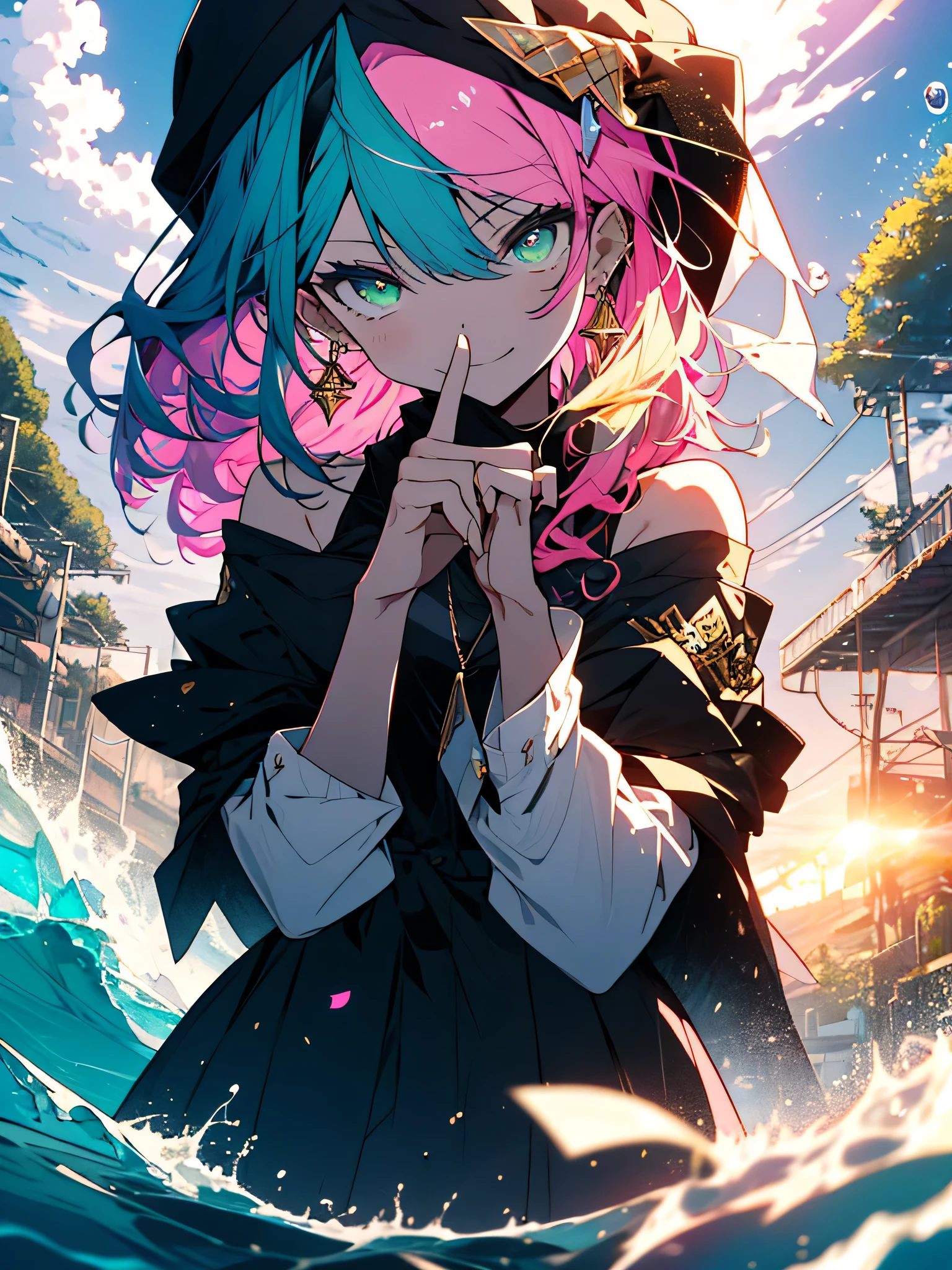 (highest quality、masterpiece、High resolution、be familiar with)、(Shining eyes、be familiar with美しい顔)、8K、(1 girl), (rainbow colored hair, colorful hair, half green and half pink hair: 1.2), , green_null, I have a magic wand, summer (OceansOn top of that), petal_On top of that_liquid, black cloak with hood, red and black torn dress, skirt: 1.2, (gold lOn top of thatg curly hair: 1.5), null, outdoor, cloud, bangs, smile, null green eyes, bare shoulders, perfect hands, hand details, repaired finger. earrings, Ocean + background, looking for_in_viewer, cowboy shot, highest quality, Rich details, perfect image quality, sunrise
