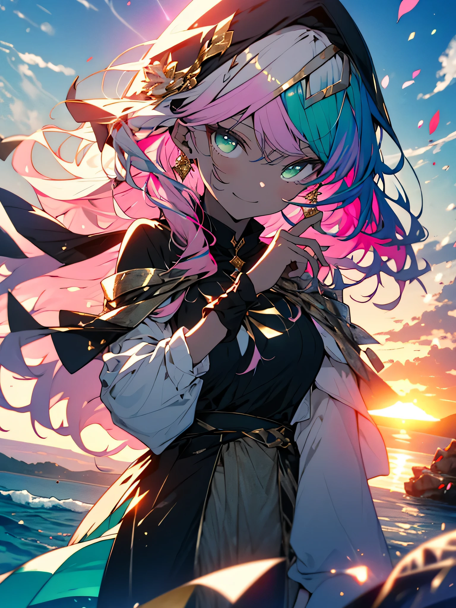 (highest quality、masterpiece、High resolution、be familiar with)、(Shining eyes、be familiar with美しい顔)、8K、(1 girl), (rainbow colored hair, colorful hair, half green and half pink hair: 1.2), 17 years old, green_null, I have a magic wand, summer (OceansOn top of that), petal_On top of that_liquid, black cloak with hood, red and black torn dress, skirt: 1.2, (gold lOn top of thatg curly hair: 1.5), null, outdoor, cloud, bangs, smile, null green eyes, bare shoulders, perfect hands, hand details, repaired finger. earrings, Ocean + background, looking for_in_viewer, cowboy shot, highest quality, Rich details, perfect image quality, sunrise