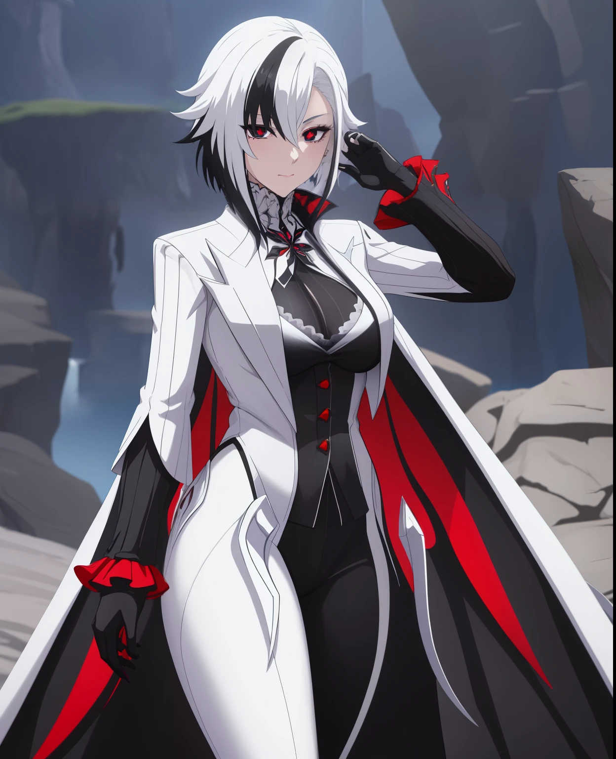 masterpiece, best quality, ultra-detailed, anime style,1girl, solo, white hair, black hair, multicolored hair, (black eyes, x-shaped pupils), white arle_suit, fantasy world background