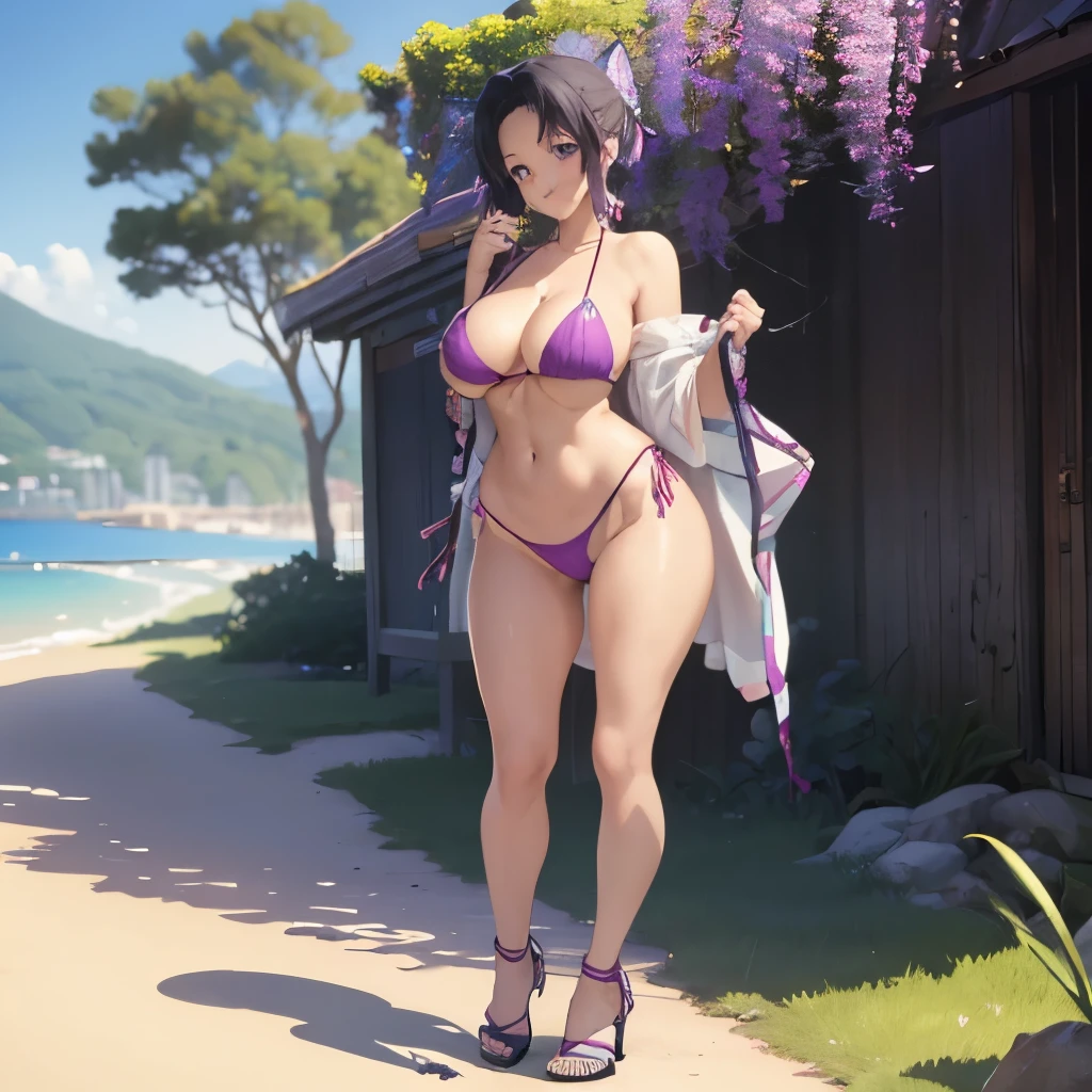 masterpiece, best quality, 1girl, shinobu,micro bikini,beach,seductive, , curvy,big breasts,confident,surrounded by water,pink bikini,standing,walking,high heels,wine in one hand,looking at viewer