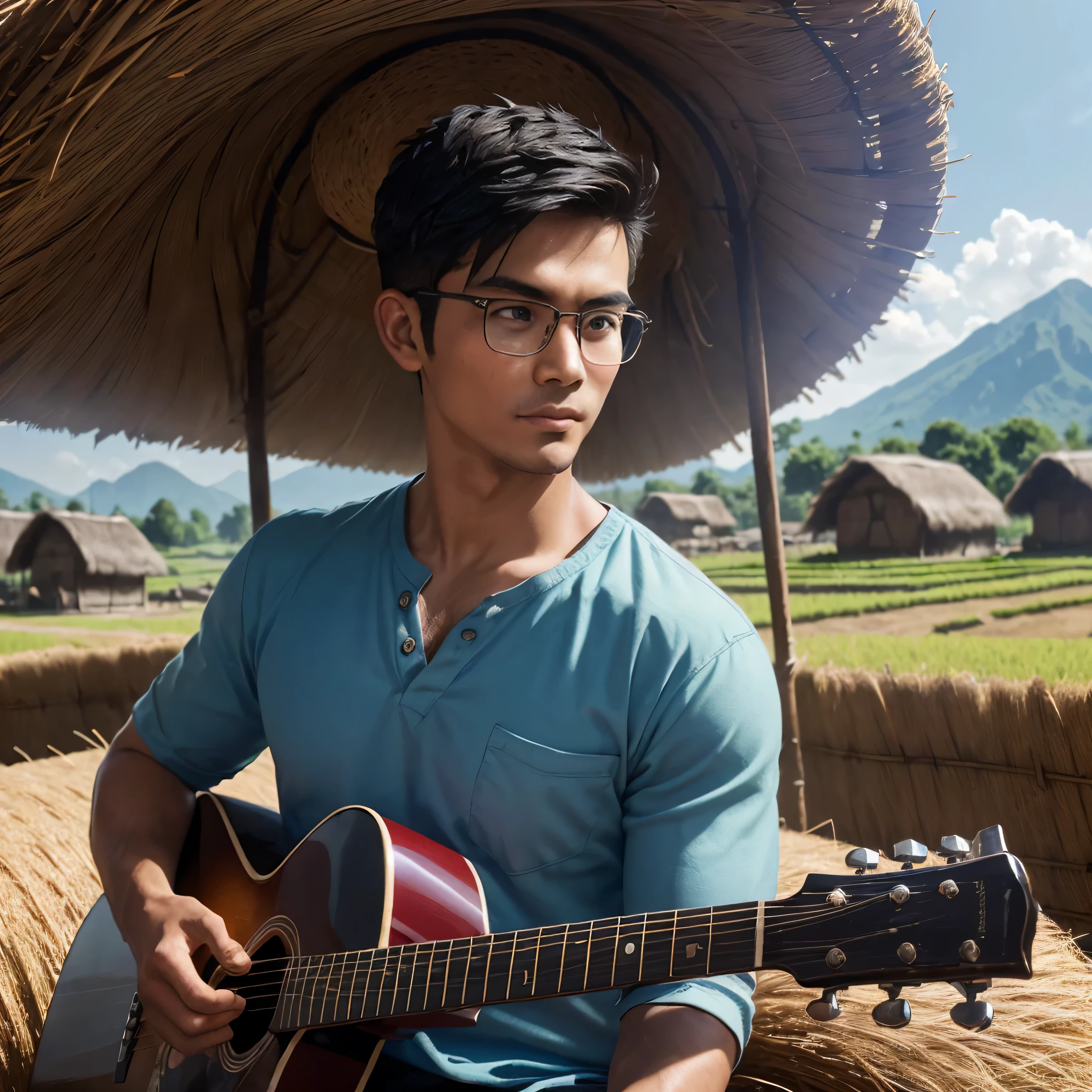 (Village health officer:1.5), (Masterpiece: 1.2),(realistic:1.5),(post processing:1.3), (Sharp focus:1.3),1 man , ,(Wear a bright navy blue and red plaid shirt..) ,((, Mohawk hairstyle for short hair, Clean face, short hair, A clean-shaven face, Handsome and polite. Indonesian,(Looking straight at the camera.), (high glossy details),chest muscles, Big arm muscles, (Playing guitar next to a haystack, with liquor bottles and glasses on display.. The thatched huts are old and dilapidated.. There was a big black dog with white eyebrows..;) countryside in outdoor rice field, The evening sun was shining on my face., illuminated.;) Taken with the most modern cameras, clarity, light, Color 45,000,000 pixels;) Unbelievably realistic.