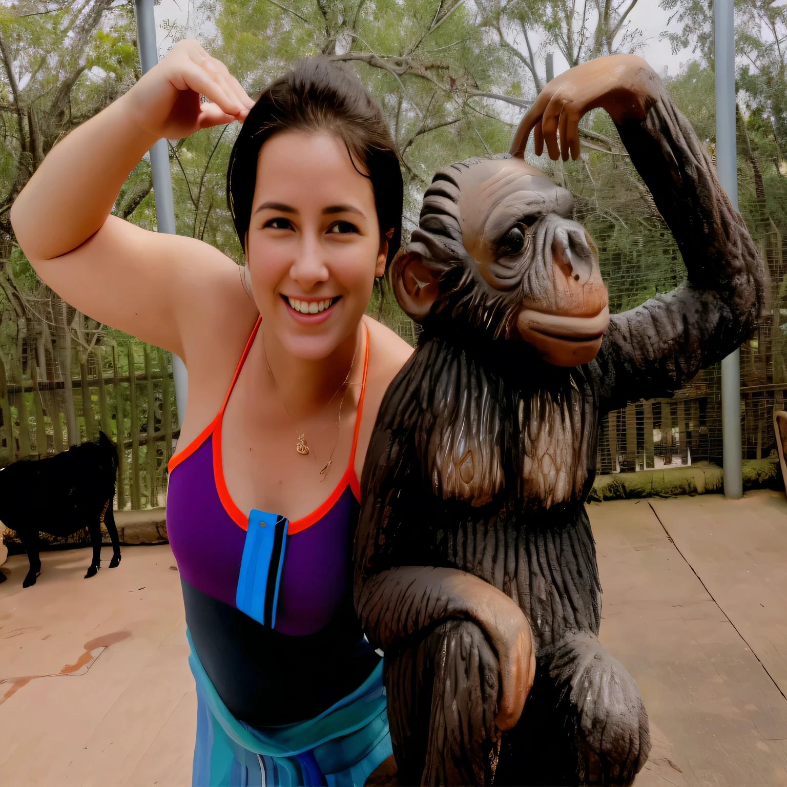 woman posing with a statue of a monkey and a dog, jenna barton, motivational, posing like a statue, 🦩🪐🐞👩🏻🦳, photo taken in 2 0 2 0, lynn skordal, subject= chimp, waving at the camera, chimpanzee, crisp detail, you won't believe it, monika, monkey limbs