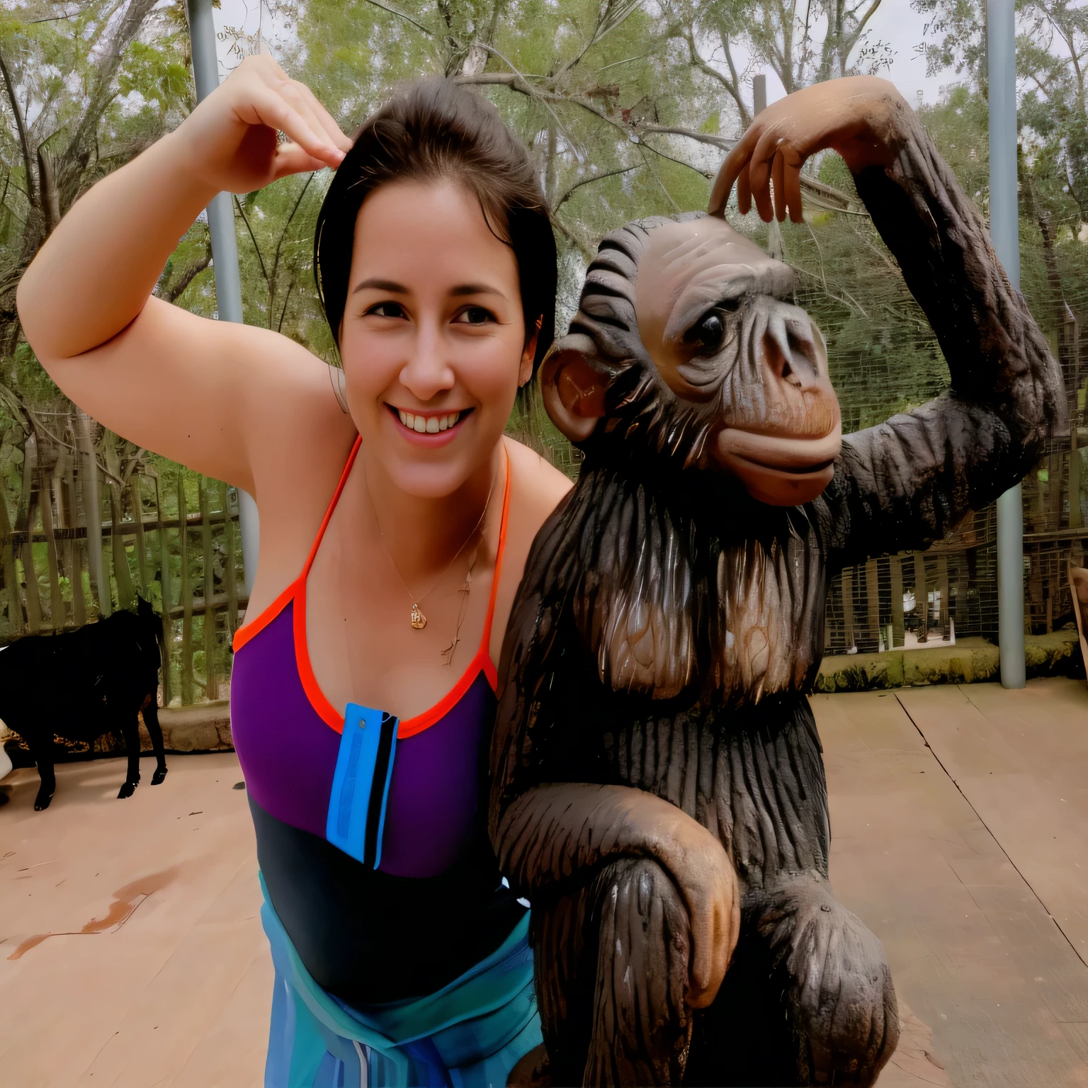 woman posing with a statue of a monkey and a dog, jenna barton, motivational, posing like a statue, ๐ฆฉ๐ช๐๐ฉ๐ป๐ฆณ, photo taken in 2 0 2 0, lynn skordal, subject= chimp, waving at the camera, chimpanzee, crisp detail, you won't believe it, monika, monkey limbs