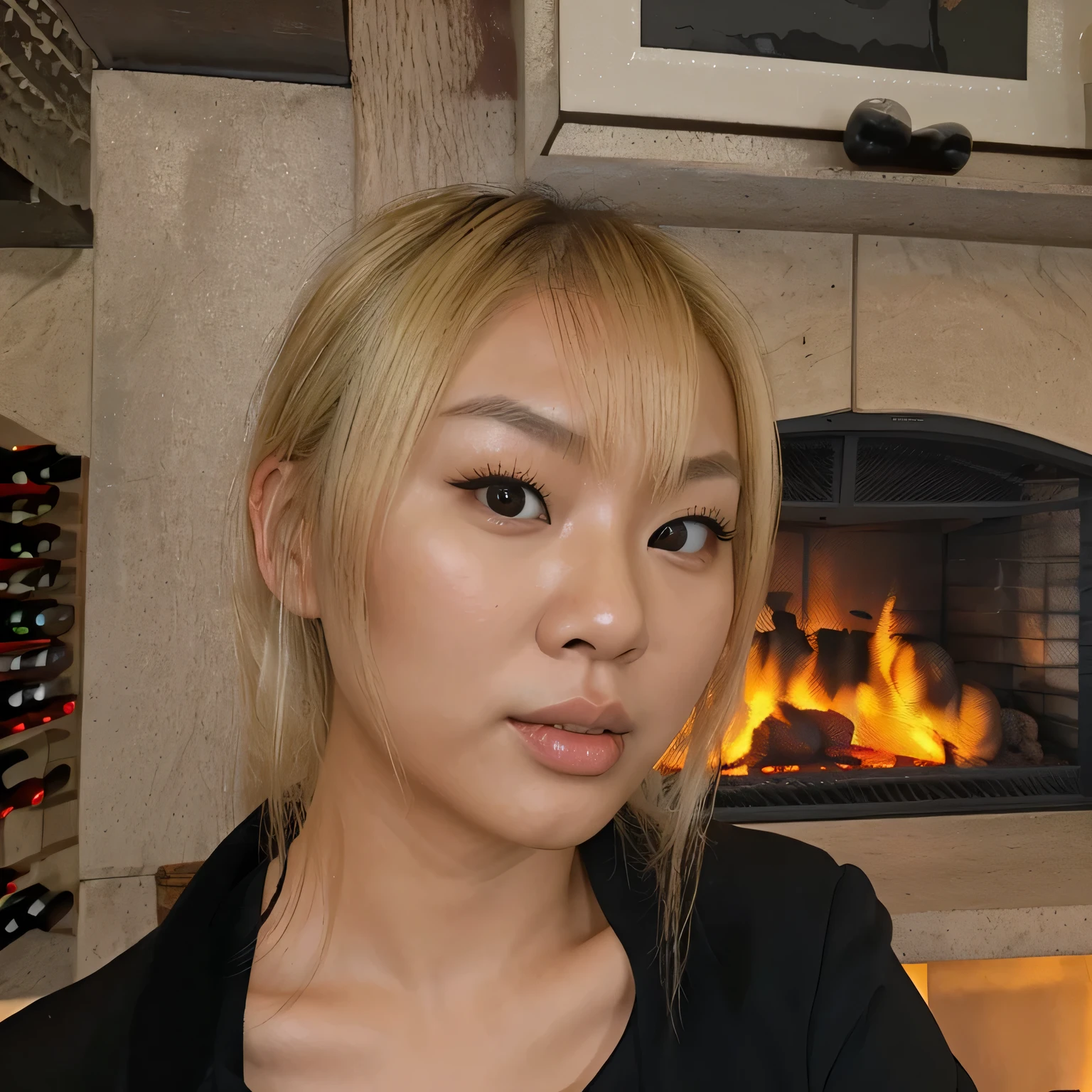 Asian woman with blonde hair, sitting in front of a fireplace and a wine rack. 