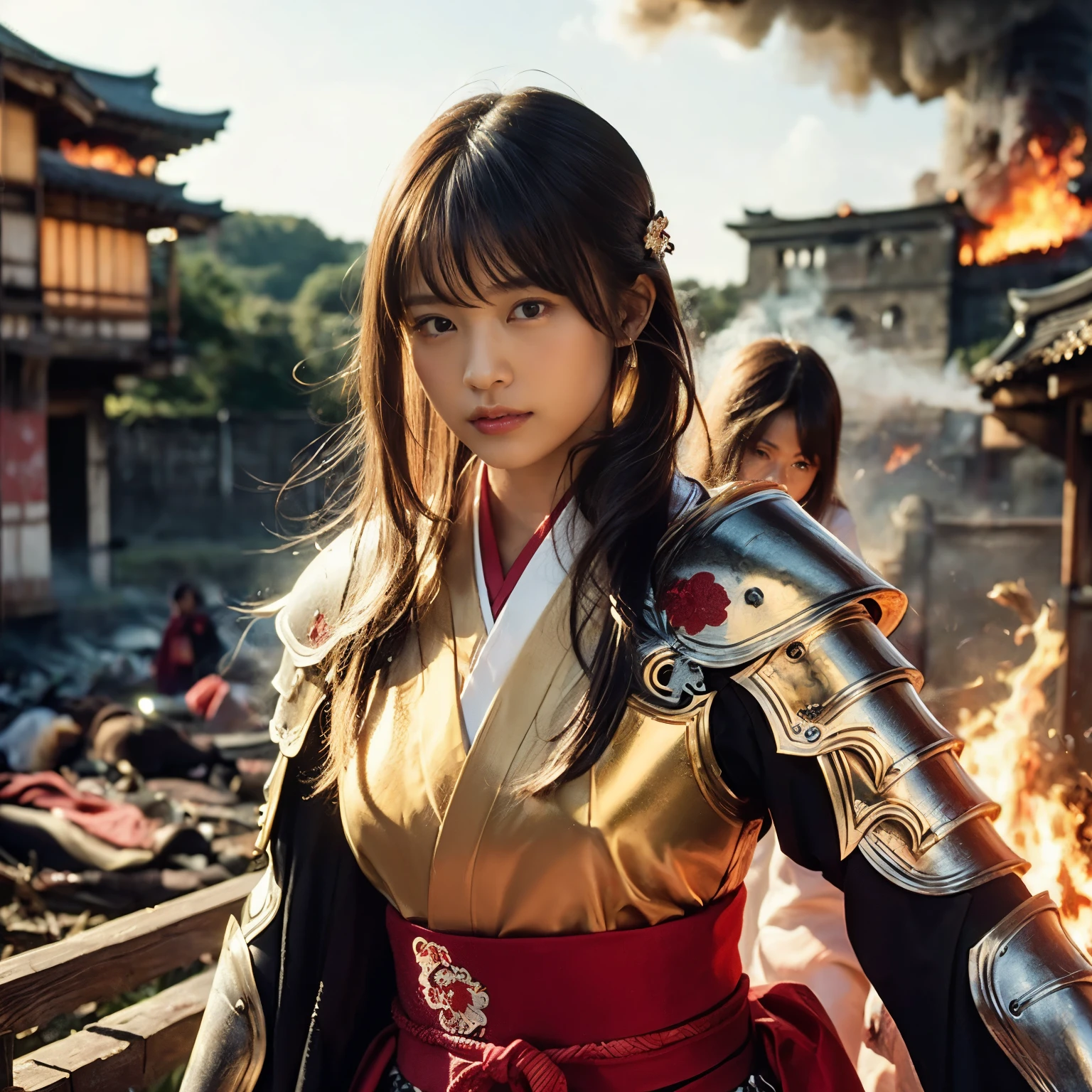 (((Realistic, masterpiece, best quality, crisp detail, high definition, high detail, sharp focus, perfect studio lightning))), 20 years old assassin in the middle of a war, kasumi arimura, wearing (((fully decorated golden armor, armored kimono))), fighting stance, dirty, sweating, blood scattered, bloodbath, carnage, fire everywhere, smoke everywhere, blood everywhere, death everywhere, japan bakumatsu period, (((dead bodies,carcass, ,fire,smoke,burned japanese castle village,hell) traditional village background)