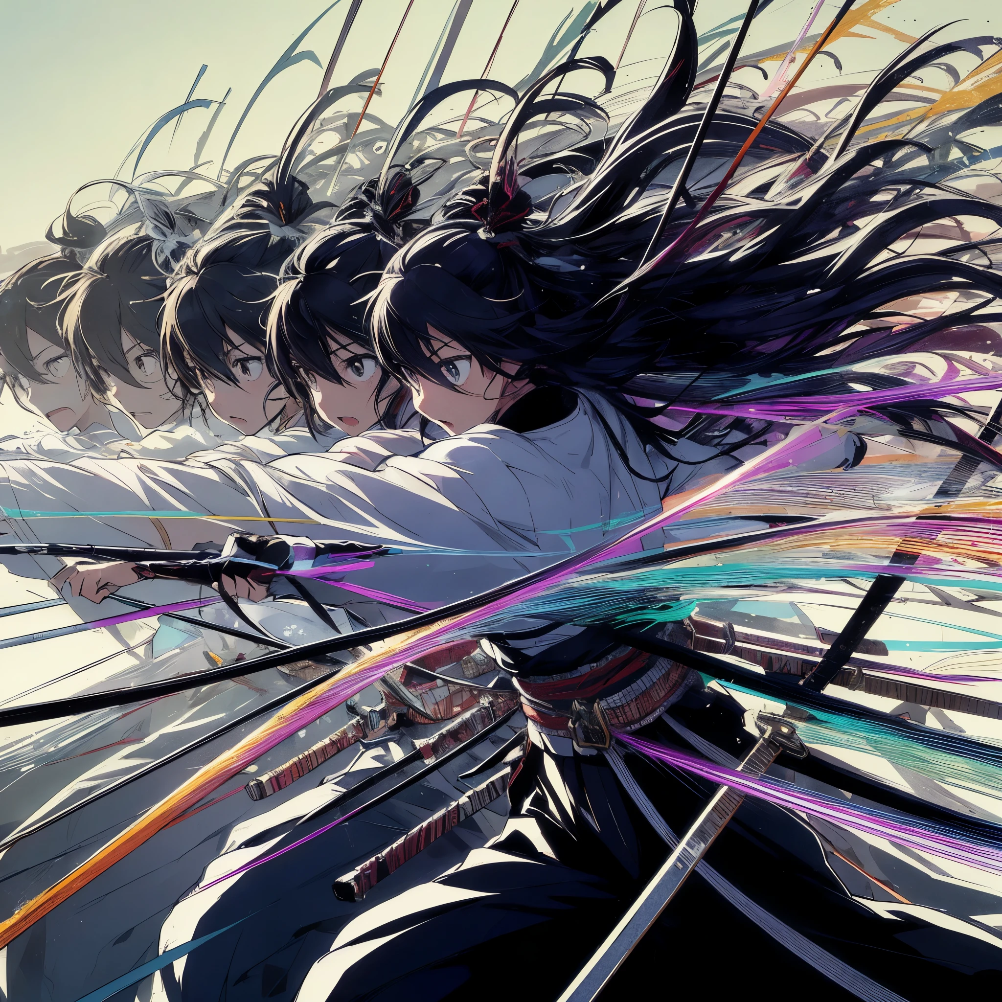 Create an anime-style illustration that combines multiple layers and sequential frames to depict a dynamic warrior with vibrant black hair in a complex action scene. The scene uses a multi-layered approach to show the warrior's synchronized movements, with afterimages and a frame-by-frame progression that captures the essence of her rapid katana strikes. Each layer builds upon the last, creating a depth of motion and a visual echo of her actions, representing the fluidity and speed of her attacks. The background is filled with the ghosting effect of her movements at 60
 FPS, emphasizing the continuity and intensity of her combat style. This intricate display showcases not only her physical prowess but also the artistic representation of motion and energy in battle.