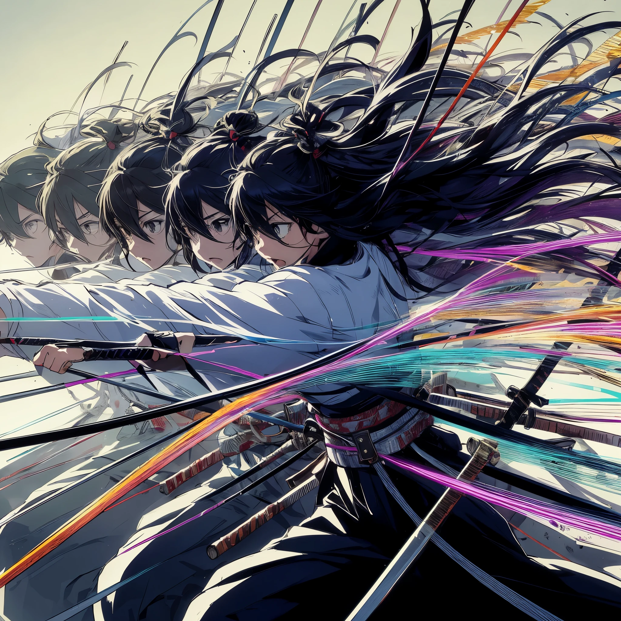 Create an anime-style illustration that combines multiple layers and sequential frames to depict a dynamic warrior with vibrant black hair in a complex action scene. The scene uses a multi-layered approach to show the warrior's synchronized movements, with afterimages and a frame-by-frame progression that captures the essence of her rapid katana strikes. Each layer builds upon the last, creating a depth of motion and a visual echo of her actions, representing the fluidity and speed of her attacks. The background is filled with the ghosting effect of her movements at 60
FPS, emphasizing the continuity and intensity of her combat style. This intricate display showcases not only her physical prowess but also the artistic representation of motion and energy in battle.